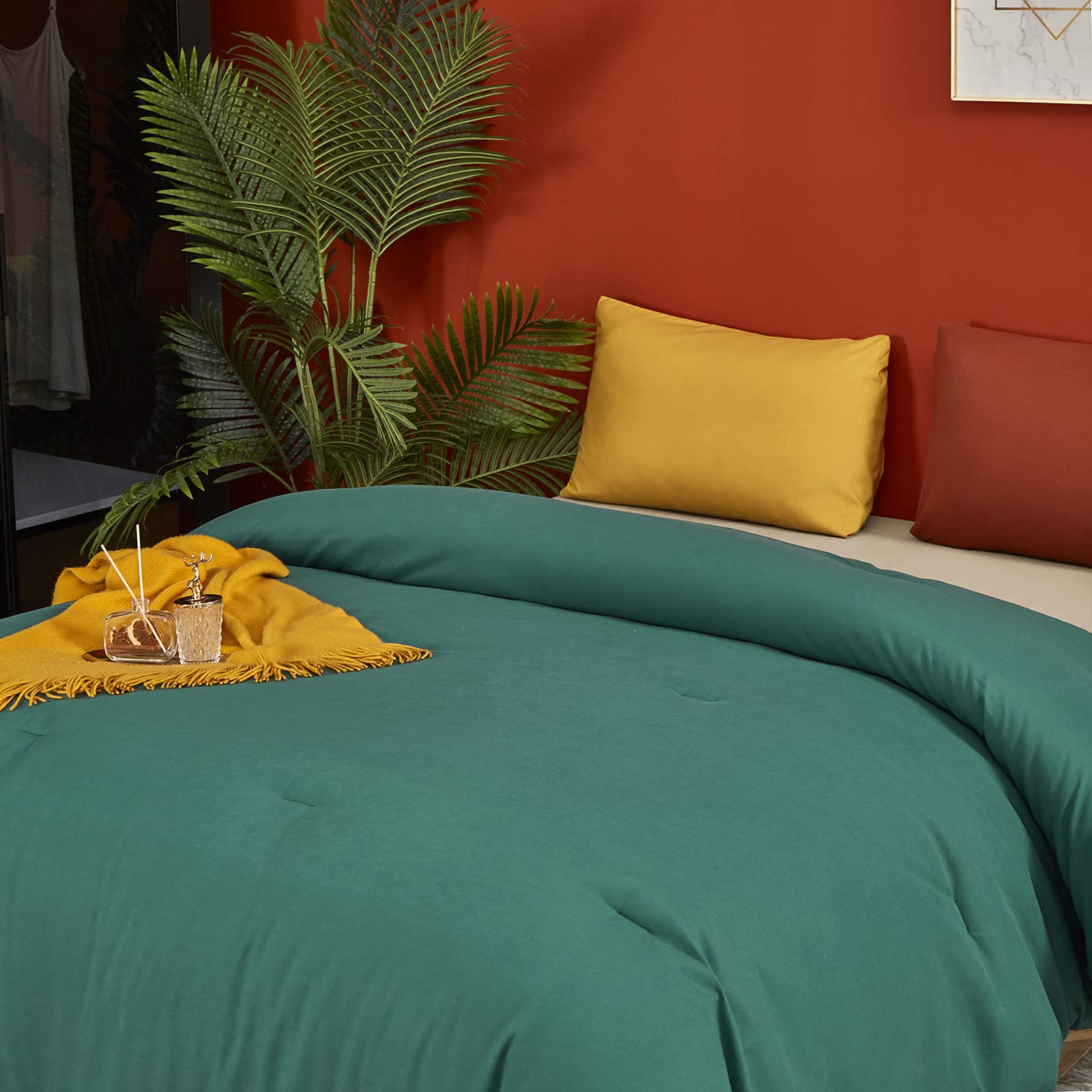 Luxlovery Emerald Green Comforter Set King Size - Dark Green Forest Cotton Bedding | Ultra Soft & Breathable Comforter with 1 Green & 1 Caramel Pillowcase | Perfect for Master Bedroom, Guest Room & Cozy Winter Nights