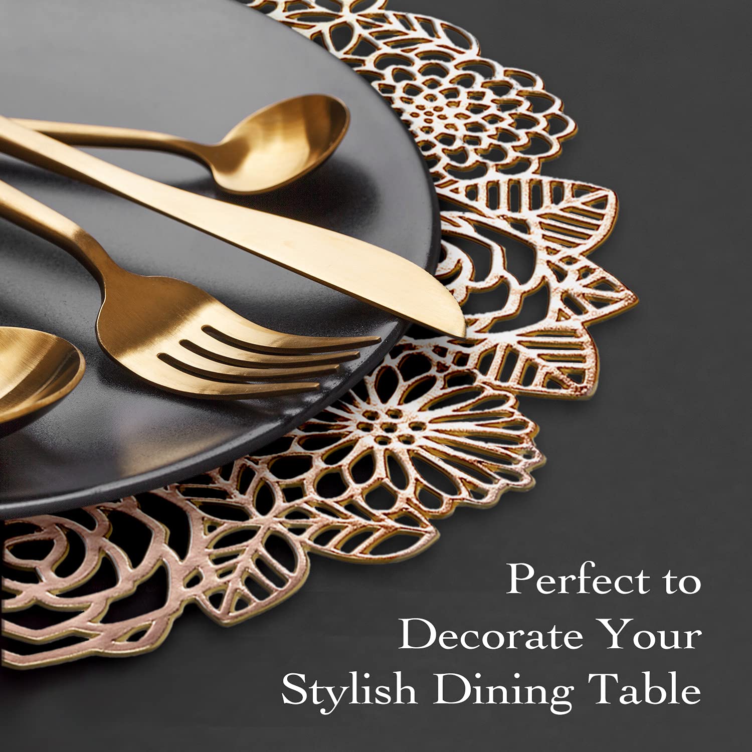 VUDECO Elegant Gold Round Placemats Set of 6 - Premium Vinyl Table Mats for Dining Decor, Fall & Holiday Dinner Parties, Indoor Table Setting - Waterproof & Easy to Clean Charger Plates