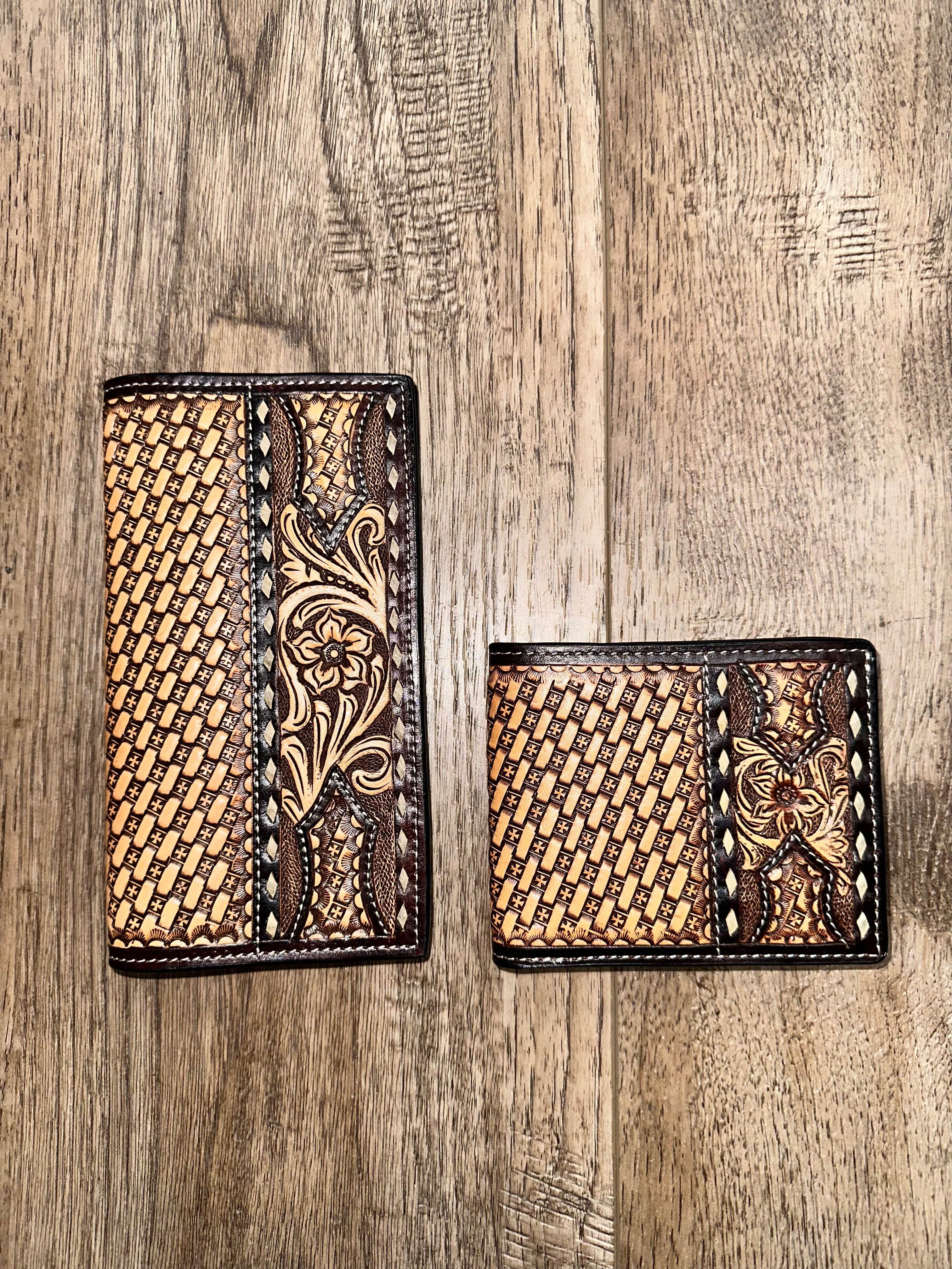 Handmade Floral Carved Leather Basket Tooling Rawhide Buckstitch Twisted X Wallet - Western Style Bifold Wallet for Men & Women - Perfect for Cowboy Boots, Rodeo Events and Country Fashion