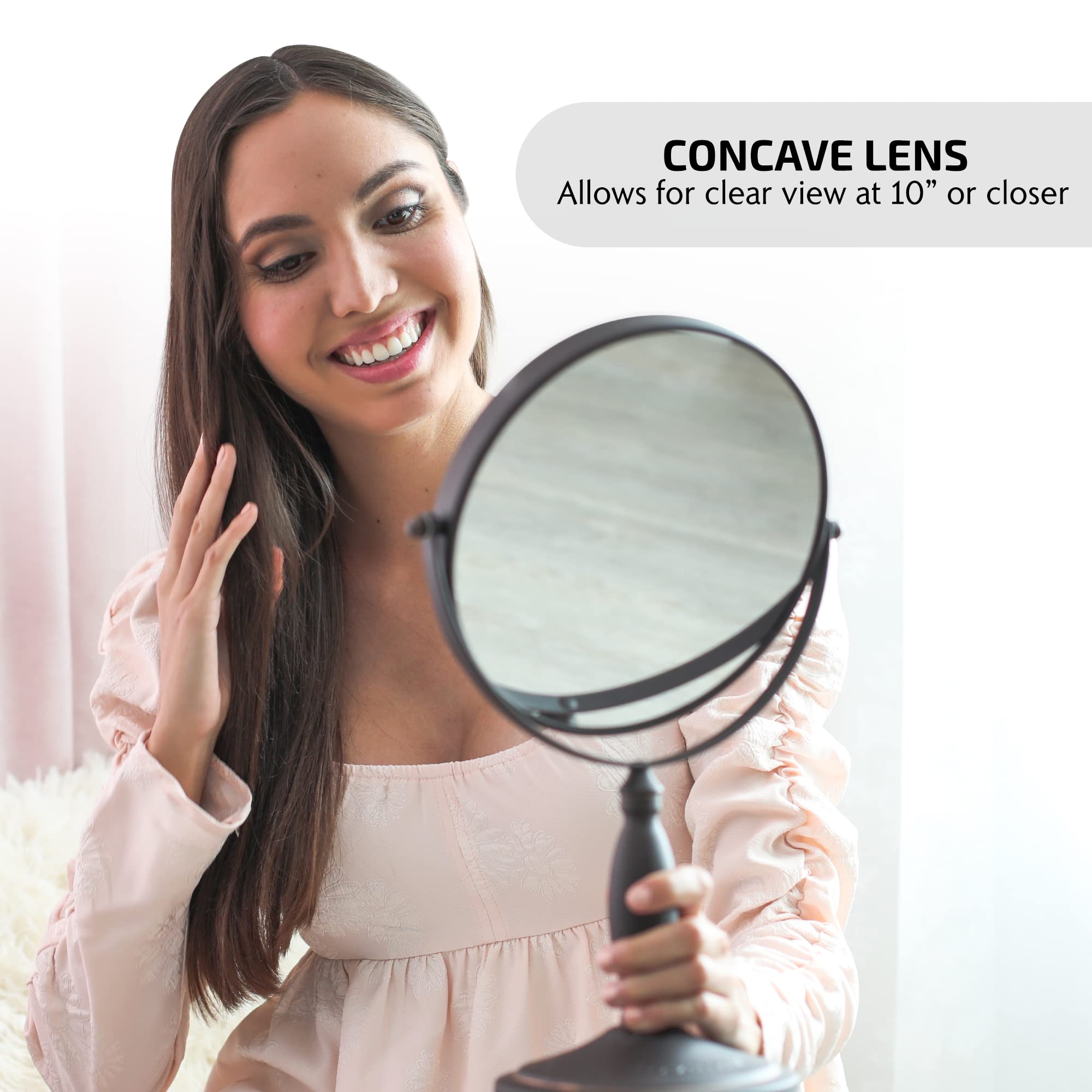 OVENTE 8-Inch Double-Sided Vanity Mirror with 1X/7X Magnification, 360° Swivel Stand - Antique Bronze Makeup Mirror for Dresser, Bedroom & Office Desk | Perfect for Applying Makeup, Skincare & Grooming