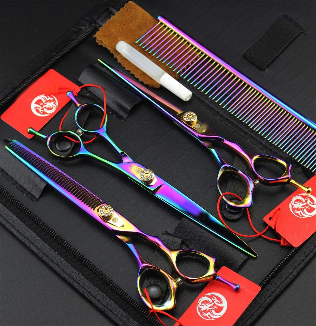 Premium 3-Piece Pet Grooming Scissors Set - 7 Inch Stainless Steel Straight, Thinning & Curved Scissors with Comb for Professional Cat & Dog Hair Cutting - Perfect for Home Grooming & Pet Salon Use