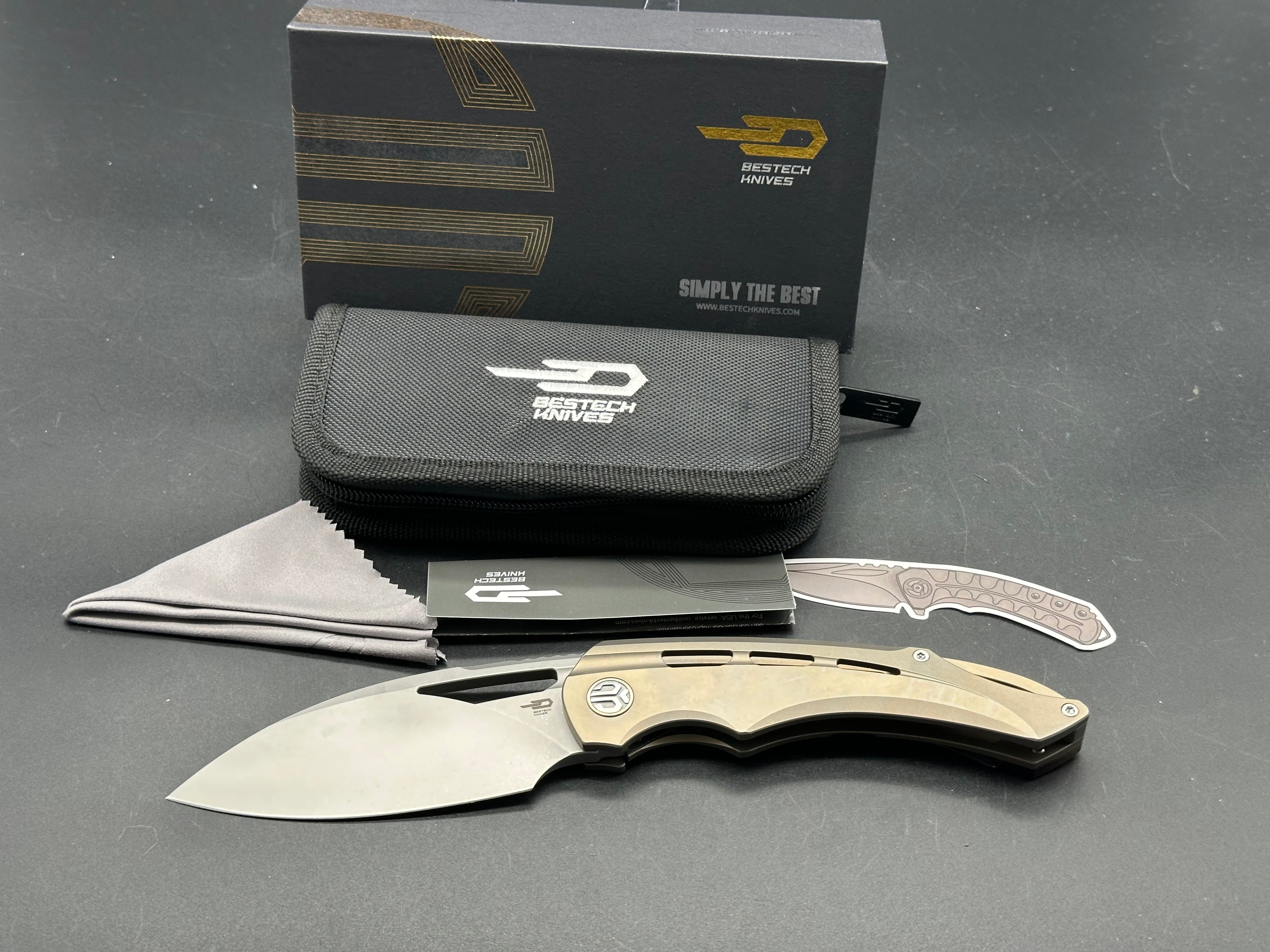 Bestech + Kombou Fairchild Folding Knife - Gold Bronze Milled Titanium Handle, Drop Point Blade, Bead Blast S35VN Steel - EDC, Outdoor, Camping, Survival Gear