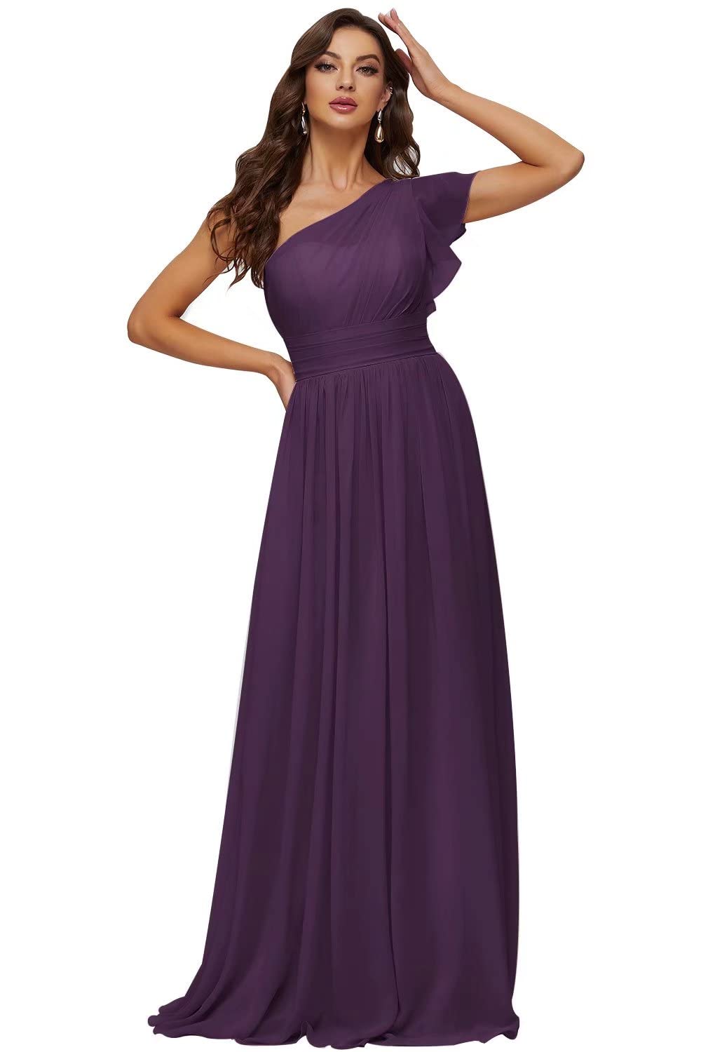UZN Women's One Shoulder Bridesmaid Dress Long Ruffle Sleeve Chiffon Pleated Wedding Guest Gown - Elegant Formal Evening Gown for Bridal Party, Prom, Cocktail Party & Special Occasions