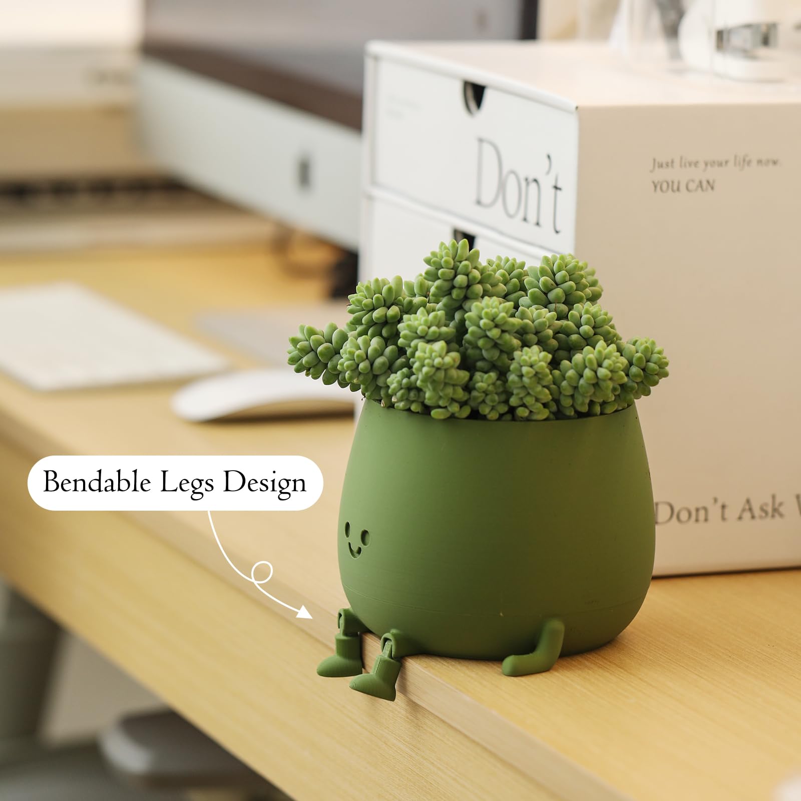 TOPOLA Happy Face Planter - 5.2 Inch Self Watering Plastic Flower Pot with Drainage Holes for Succulents, Indoor & Outdoor Plants - Funny Dark Green Decorative Planter for Home, Office & Garden Decor