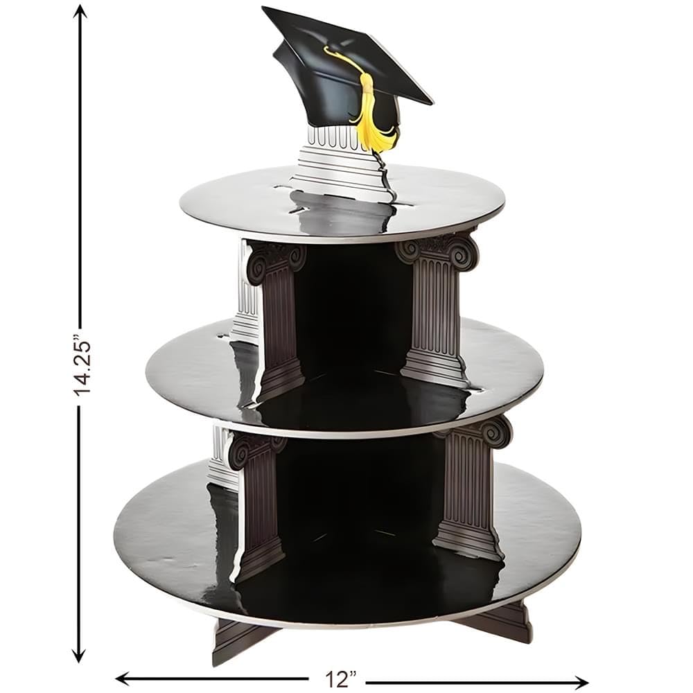 3-Tier Graduation Cupcake Stand - Black Grad Party Supplies for Graduation Ceremony, School Party & Celebration Decor