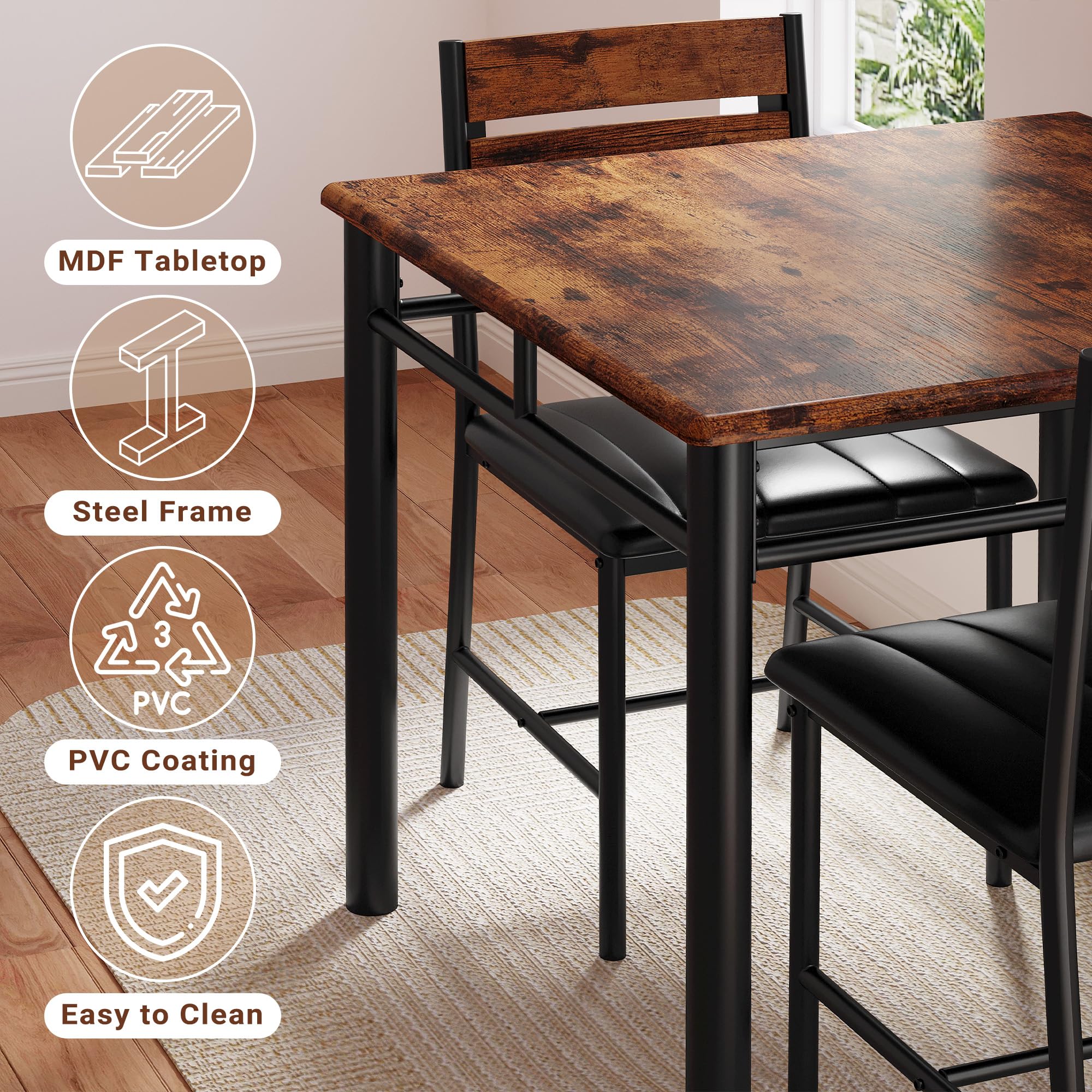 IRONCK 2-Person Dining Table Set with Upholstered Chairs - Compact Kitchen Table for Small Spaces in Rustic Brown | Perfect for Apartments, Breakfast Nooks & Cozy Dining Areas
