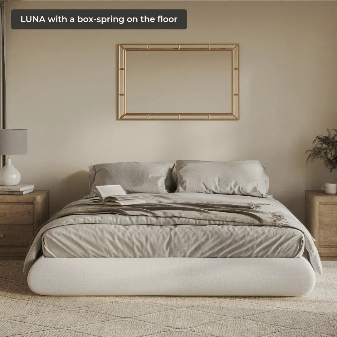 Luna Bed Frame - Queen Size White Wooden Platform Bed with Headboard & Footboard | Modern Minimalist Bedroom Furniture for Home, Apartment, Guest Room