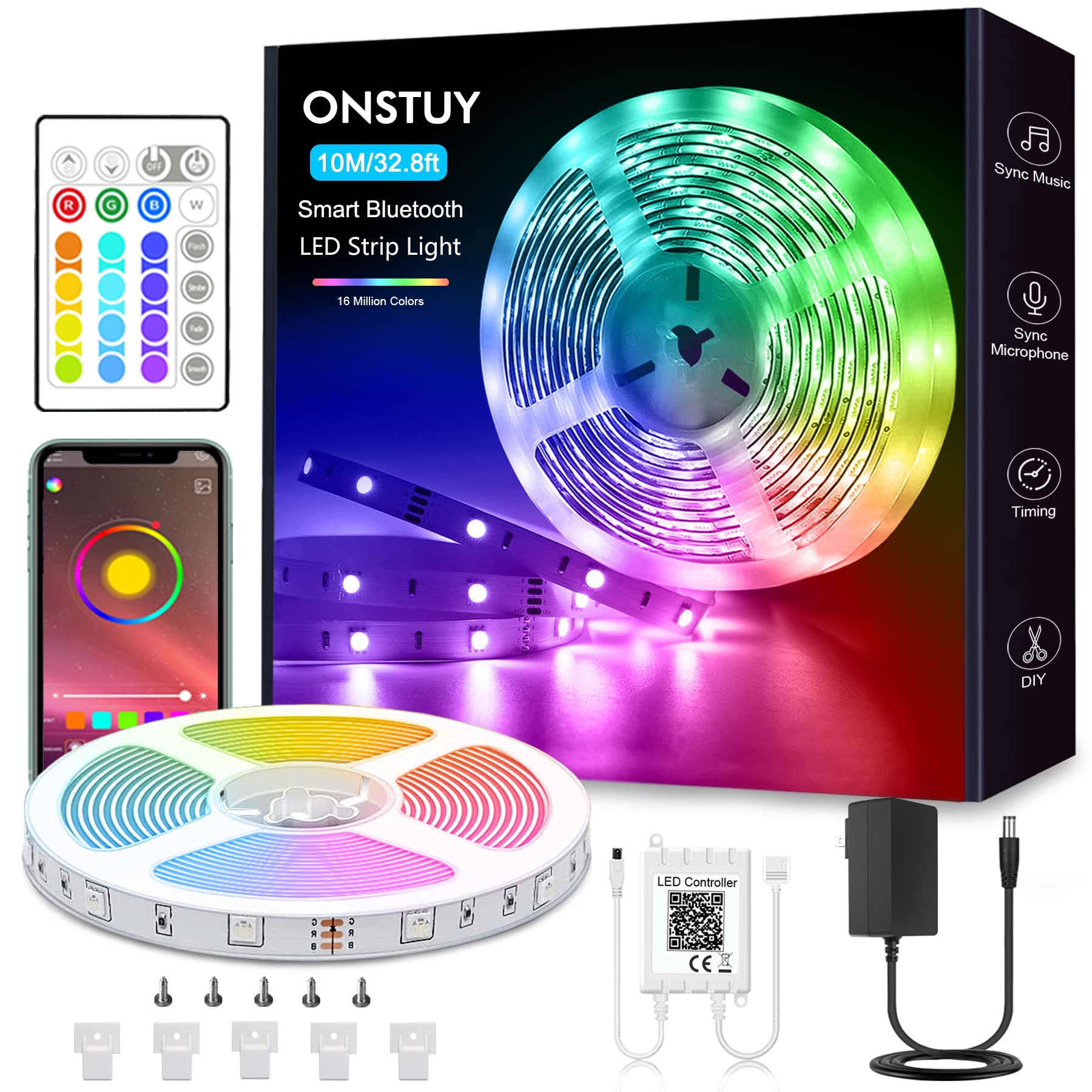 ONSTUY 32.8ft Smart LED Strip Lights - Bluetooth RGB Color Changing Lights with Music Sync, App & Remote Control for Bedroom, TV Backlight, Party Decor & Home Lighting (Perfect for Gaming Setup, Kitchen Accent, and Holiday Decorations)