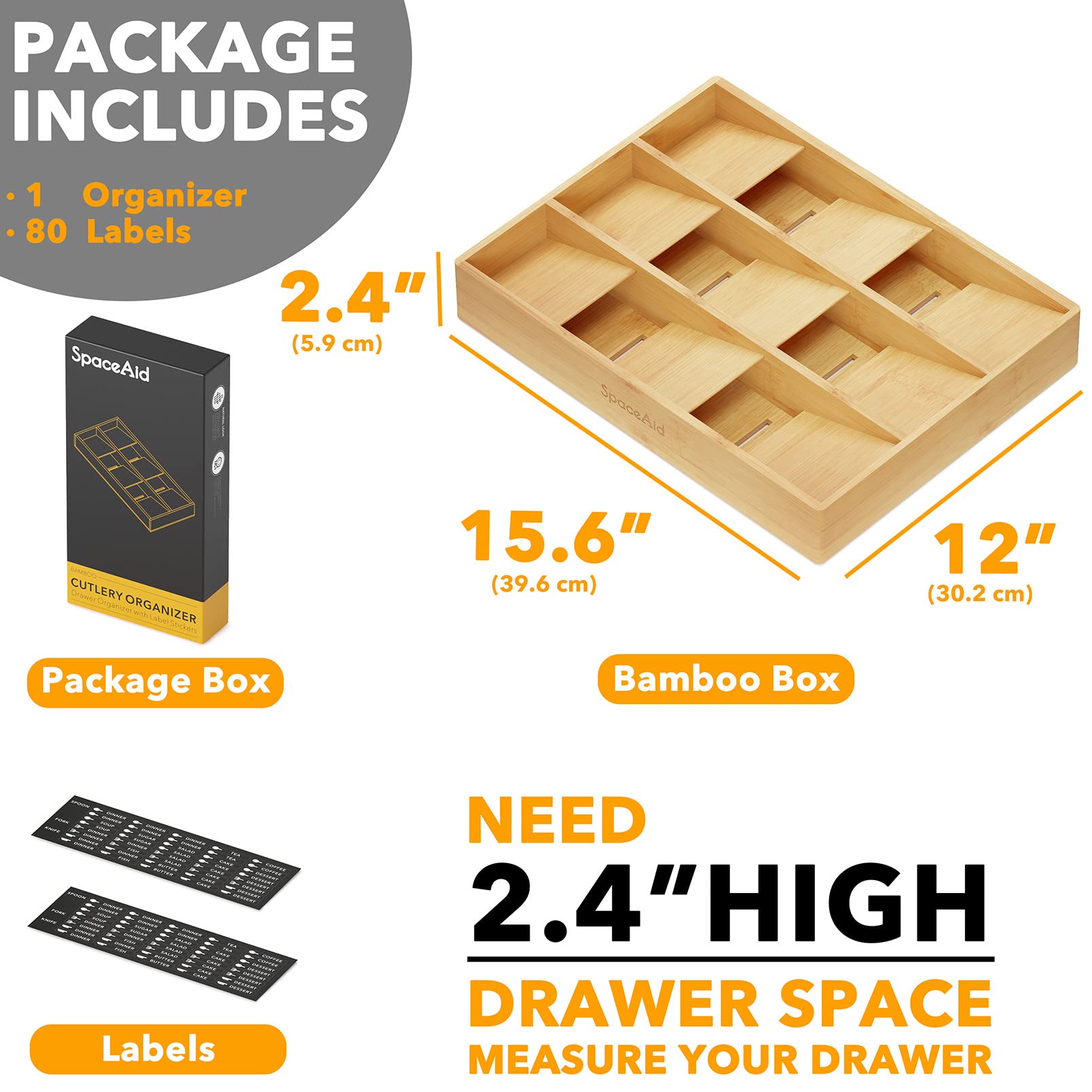 SpaceAid Bamboo Silverware Drawer Organizer with Labels - 9 Slot Kitchen Utensil Tray for Flatware, Cutlery, Spoons & Knives - Perfect for Drawer Storage Organization & Kitchen Countertop Decluttering