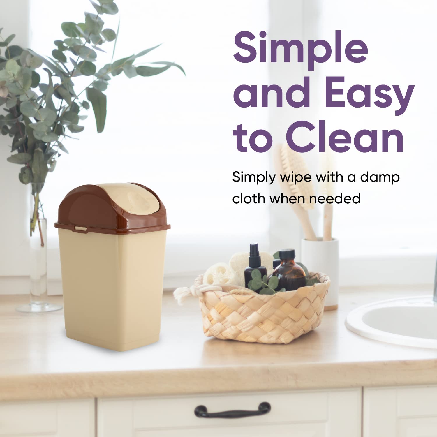 Superio 1.25 Gallon (5 Quart) Small Plastic Trash Can with Swing Lid - Mini Waste Bin for Bathroom, Office Desk, Vanity, Kitchen Countertop - Compact Garbage Can for Home & Office Use (Beige/Brown)