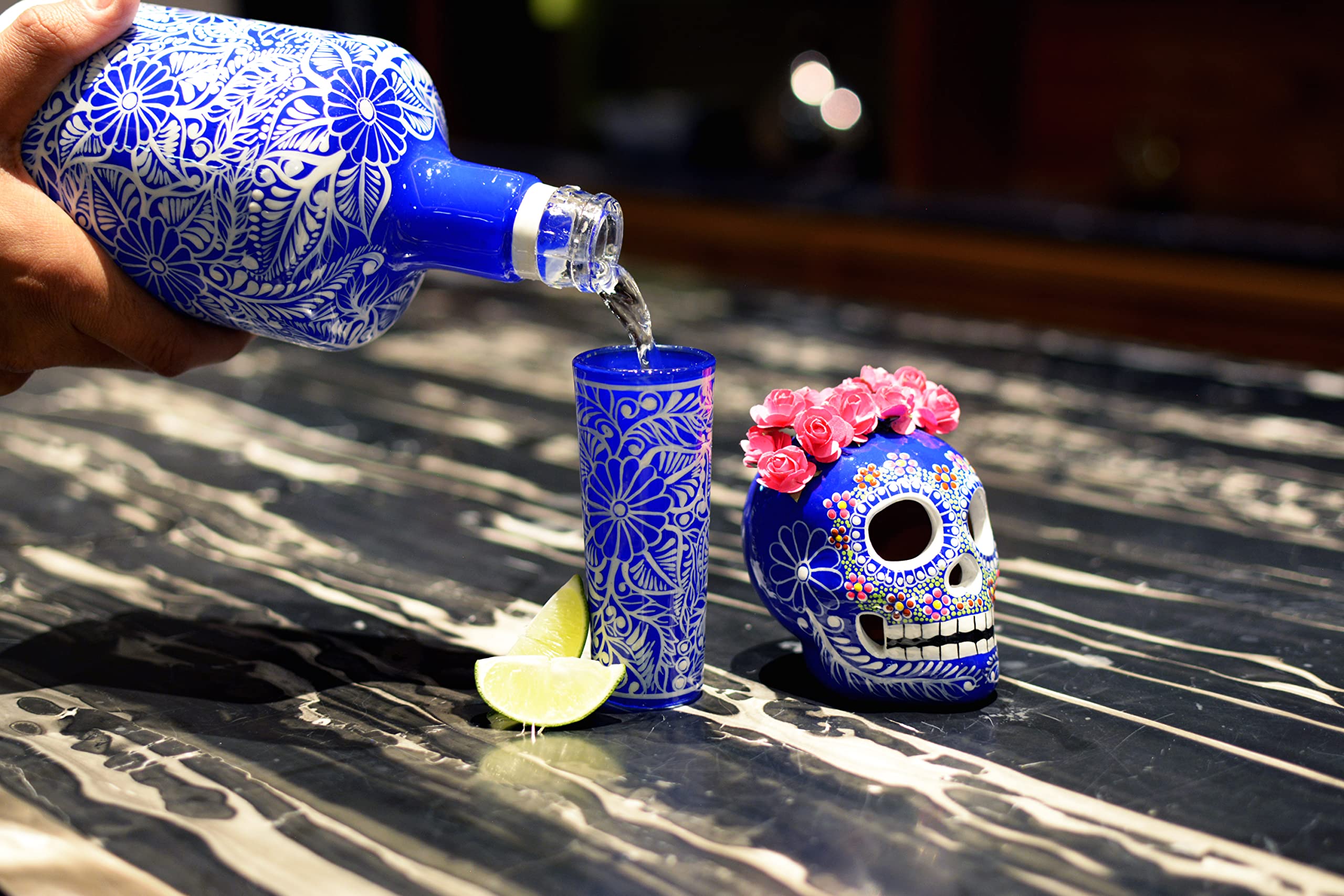Hand-Painted Blue Catrina Skull Tequila Decanter Set with Shot Glasses & Mexican Sombrero - Personalized Liquor Decanter for Home Bar Decor, Unique Gift for Tequila Lovers (Perfect for Cinco de Mayo Parties & Mexican-Themed Events)