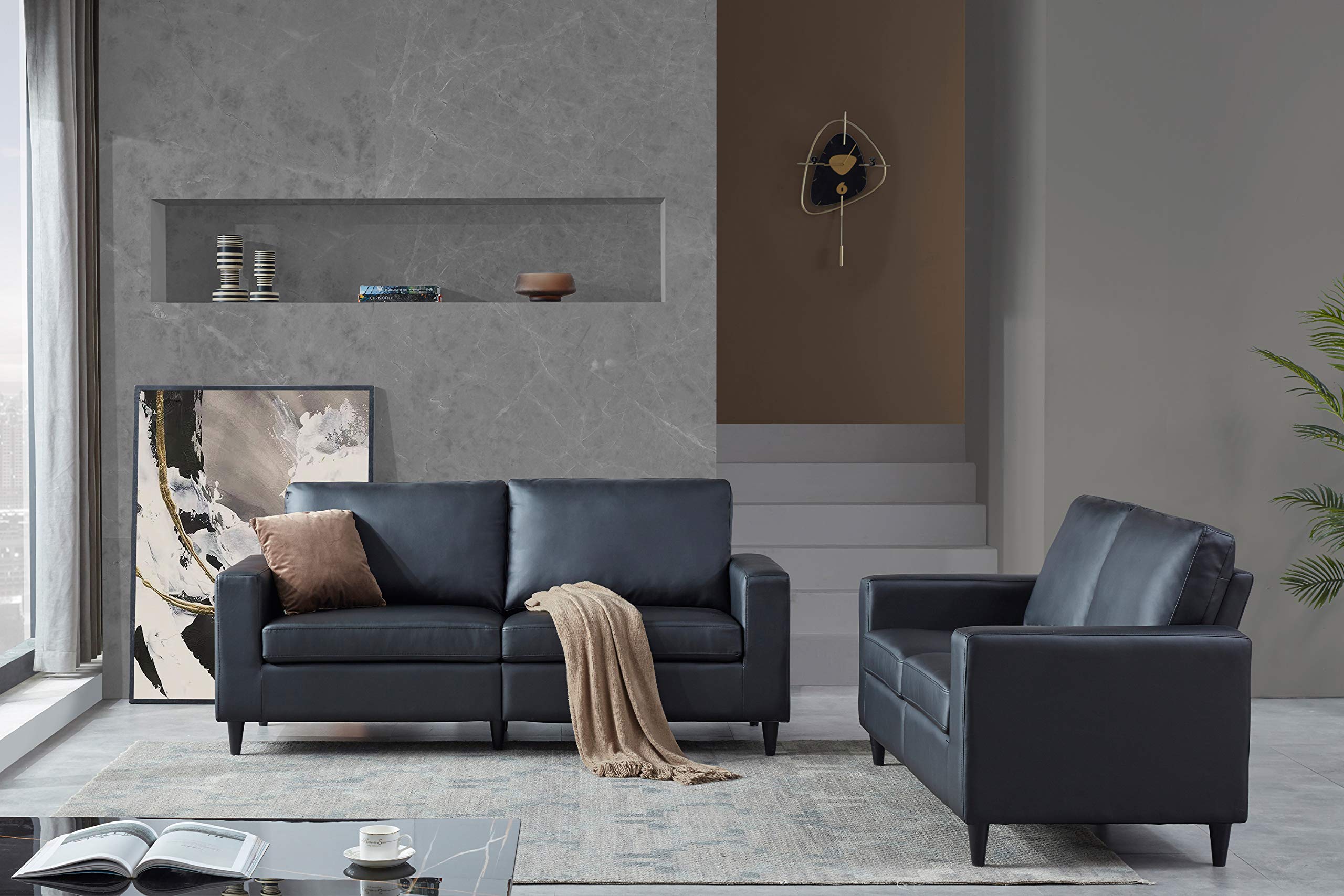 Modern PU Leather Sofa and Loveseat Set - 3-Seater Couch & 2-Seater Loveseat with Attached Cushions - Upholstered Stationary Furniture for Living Room, Office or Lounge (Black) - Perfect for Family Gatherings, Movie Nights & Home Decor