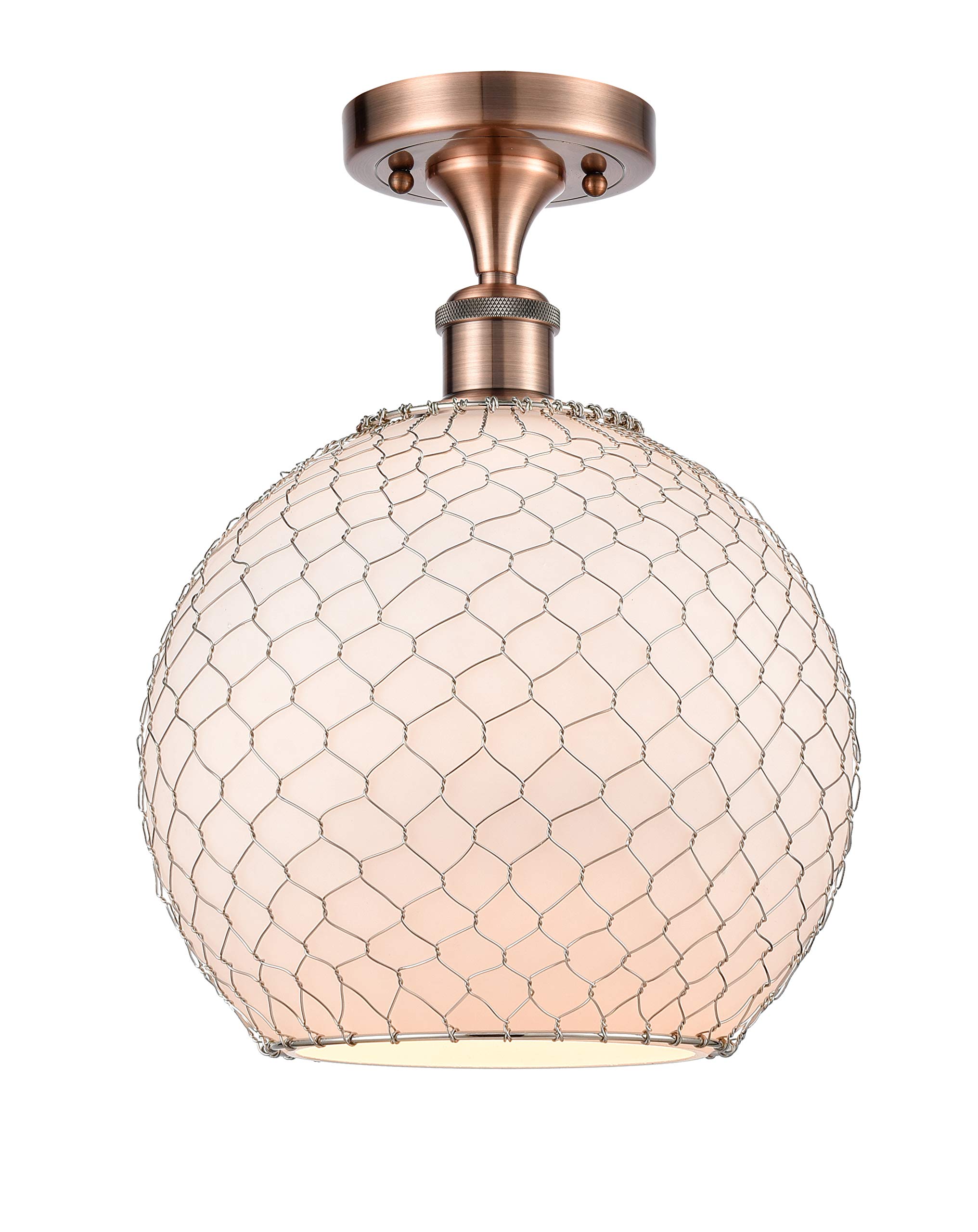 Ballston Collection Antique Copper Farmhouse Chicken Wire Semi-Flush Mount Light Fixture - Large 1-Light Ceiling Lamp for Kitchen, Dining Room & Country Style Home Decor
