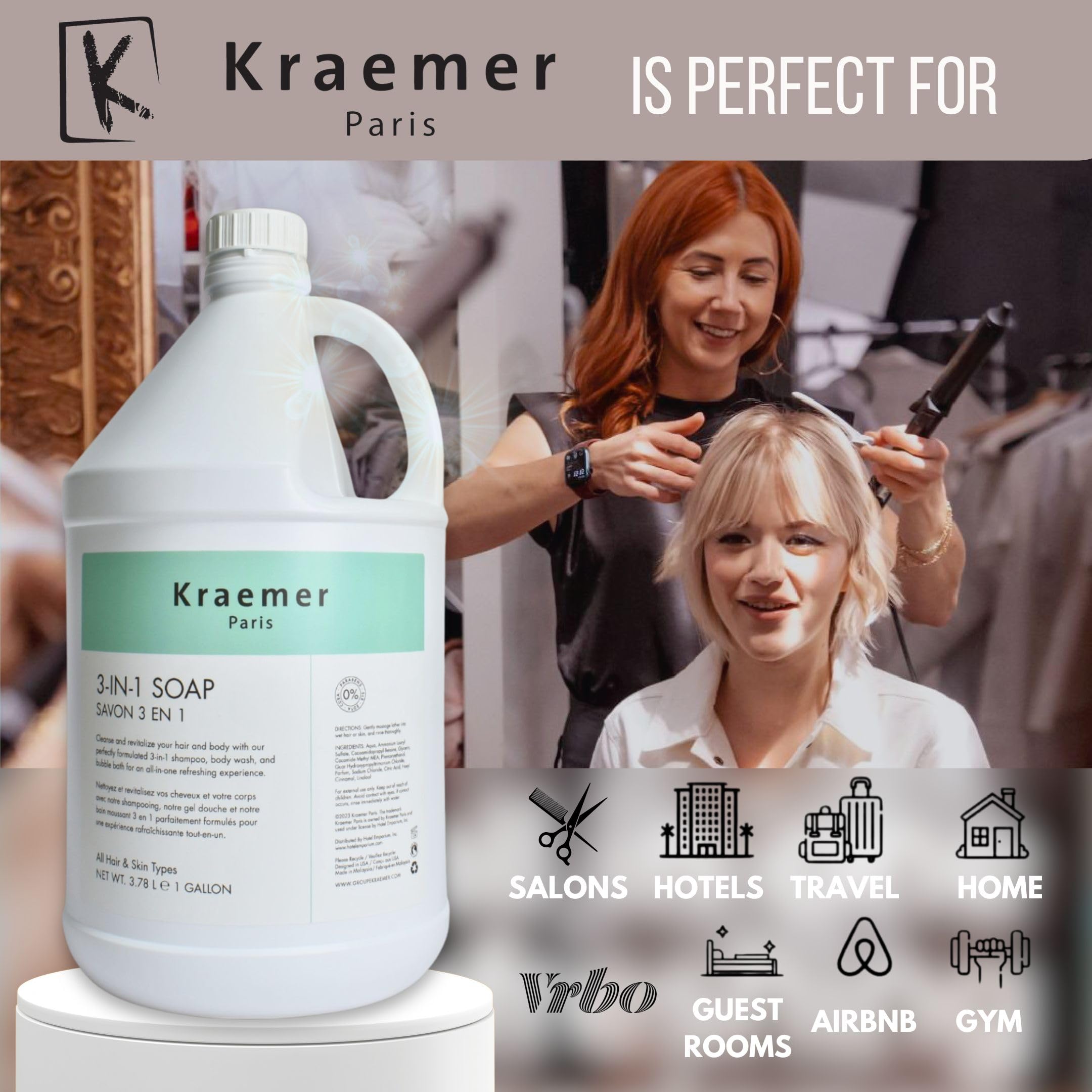 Kraemer Paris 3-in-1 Gallon Shampoo & Body Wash - All Hair Types, Bulk Refill for Hotels, Airbnbs, Gyms & Vacation Rentals | Salon Quality, 3.78L, Cruelty-Free | Perfect for Hospitality Industry & Commercial Use
