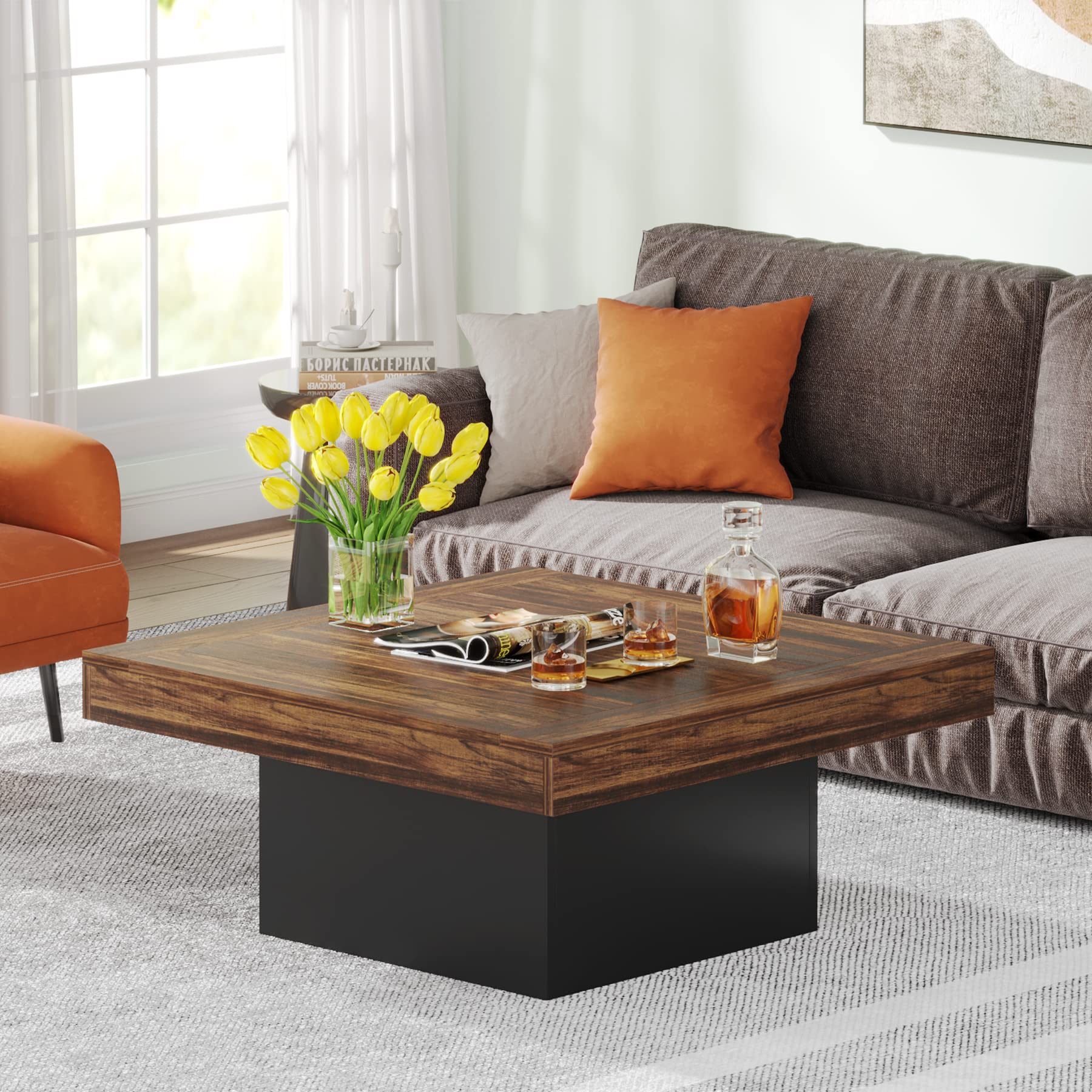 Tribesigns Square LED Coffee Table - Rustic Brown & Black Engineered Wood Low Profile Modern Coffee Table for Living Room, Lounge, and Office - Perfect for Home Decor & Entertainment Spaces