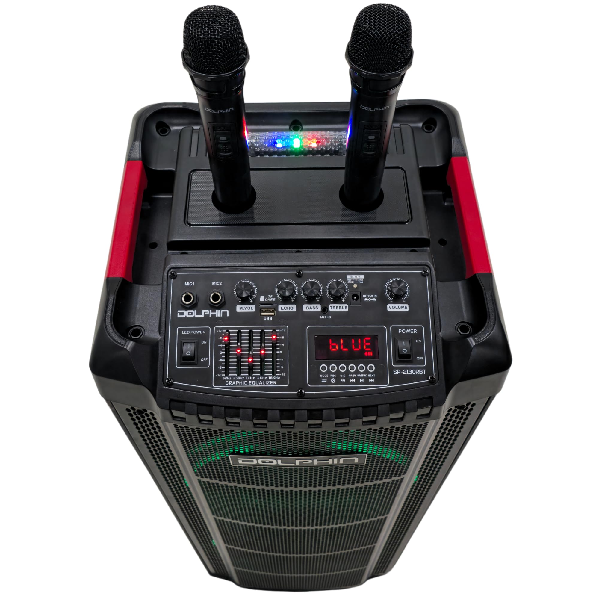 Dolphin SP-2130RBT Dual 12” Rechargeable Bluetooth Karaoke Speaker with 2 Wireless Mics & LED Lights - Portable PA System for Home Parties, Outdoor Singing & Events