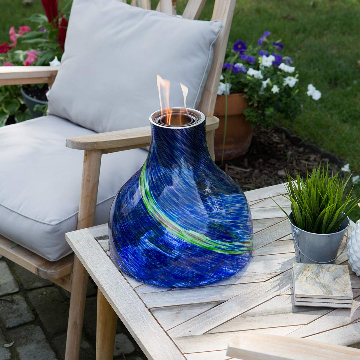 EchoFlame Magnum Glass Tabletop Fireplace - Indoor/Outdoor Portable Gel Fuel Burner with Certified Safe EchoFlame Gel-Fuel Cans - Blue/Green (11.75