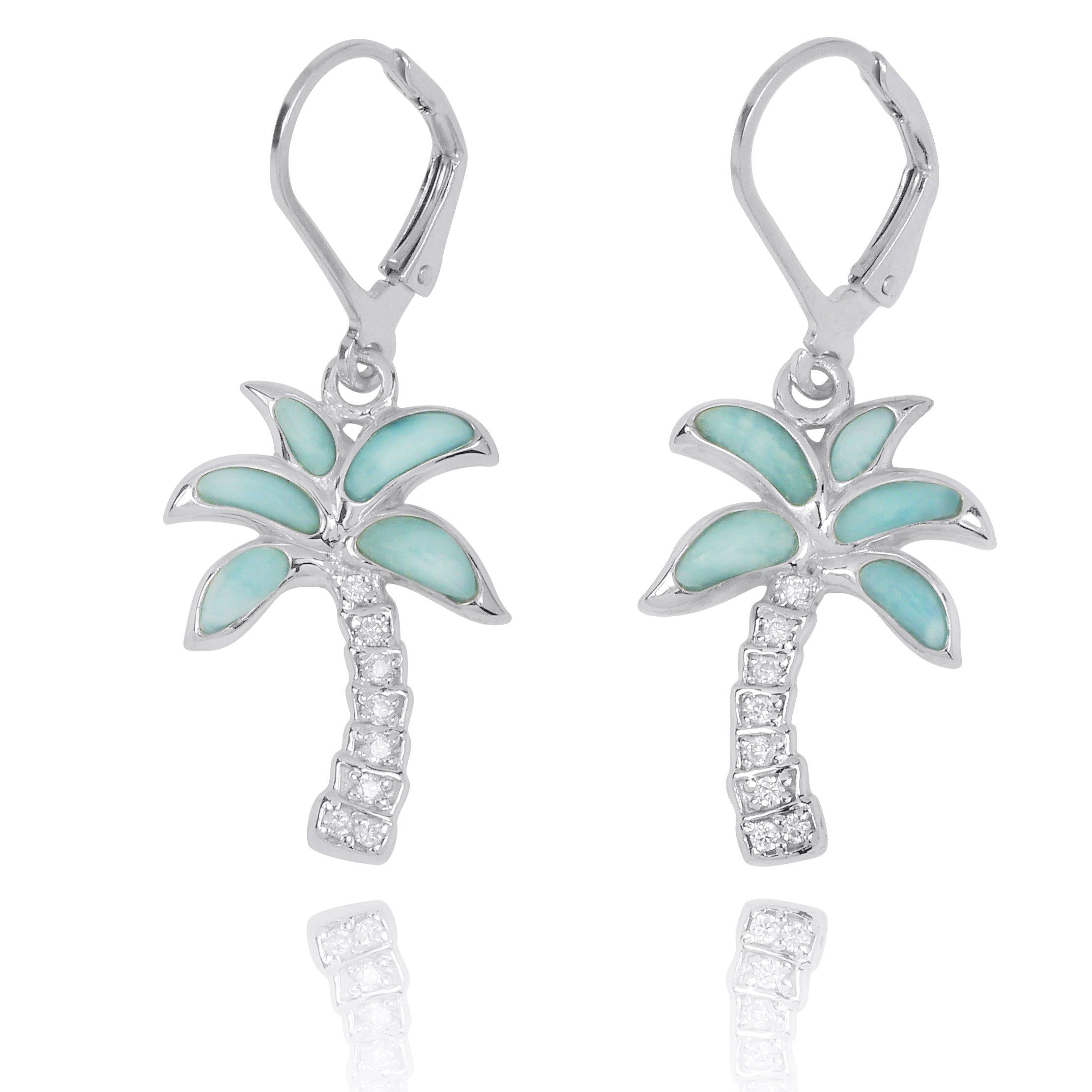 Natural Larimar Stone Palm Tree Earrings - Handmade Dangle Drop Jewelry for Women - Perfect for Beach Vacations, Summer Outfits & Tropical Themed Parties