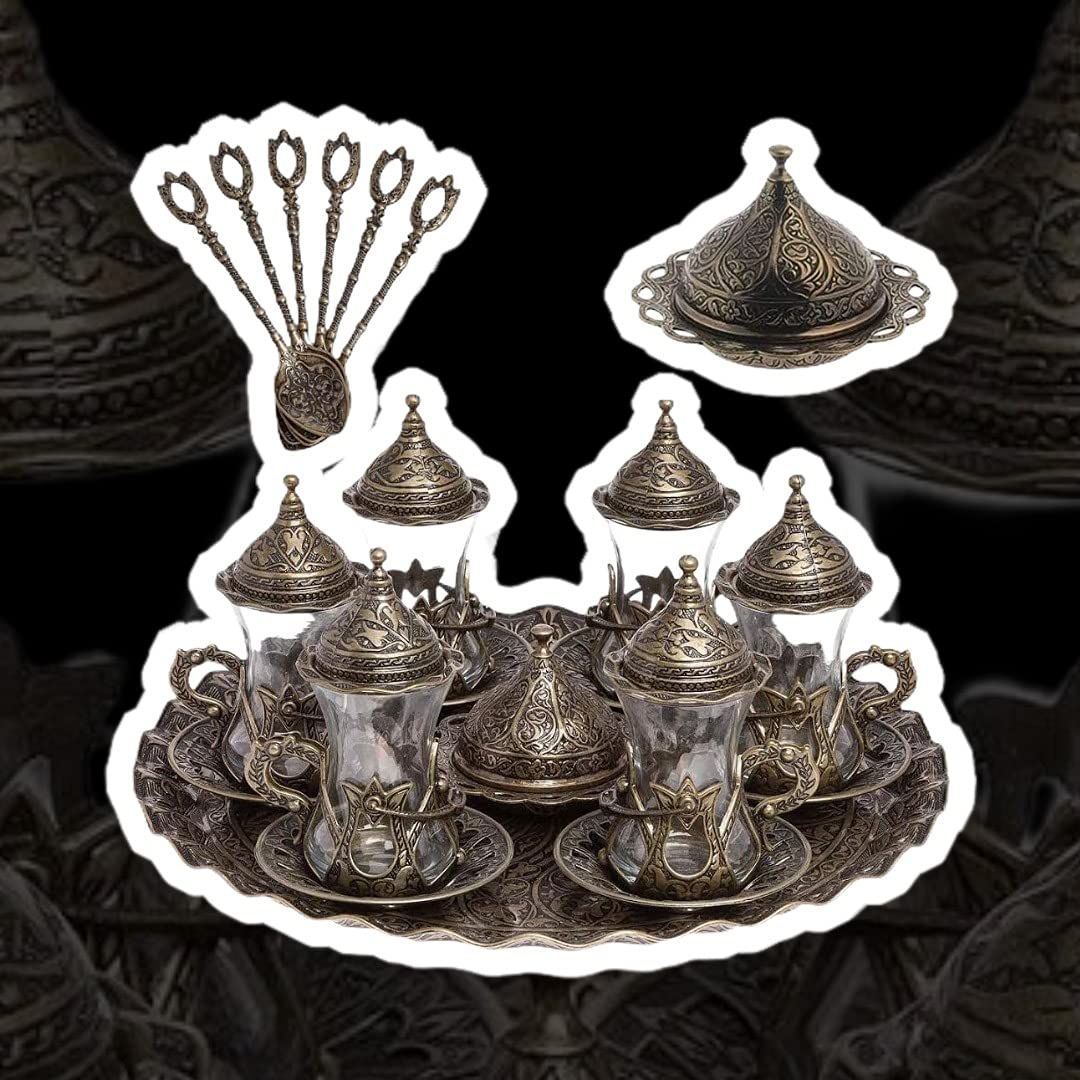 Handmade Turkish Tea Set - Authentic Green Zamzam Serving Glasses with Saucer, Tray and Spoon - Perfect for Traditional Tea Ceremonies, Home Decor & Gift Giving
