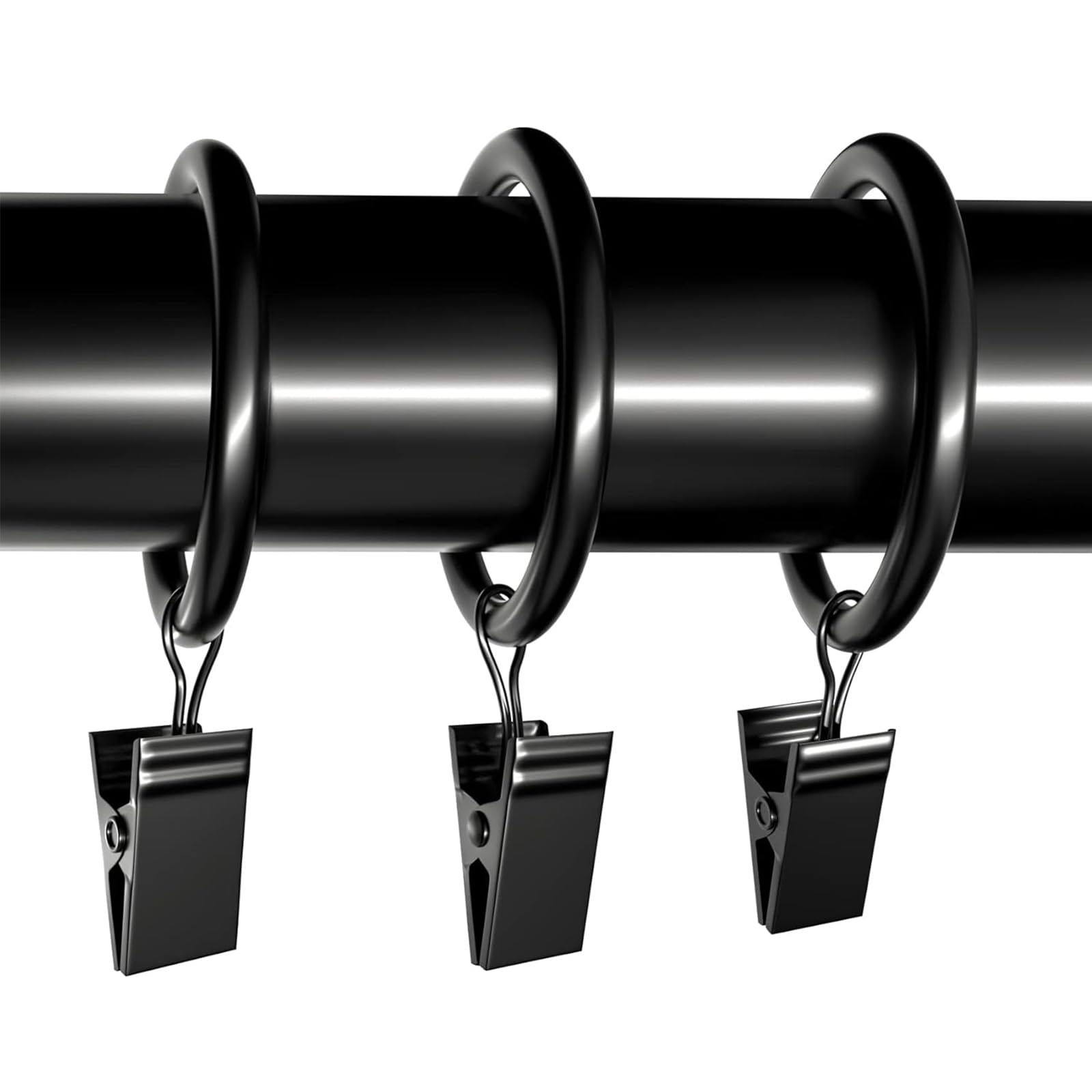 20 Pack Vintage Black Drapery Rings with Clips - 1.5 Inch Interior Diameter, Fits 1 1/4 Inch Curtain Rods - Heavy Duty Curtain Hooks for Hanging Drapes, Sheers & Valances - Perfect for Living Room, Bedroom & Window Decor