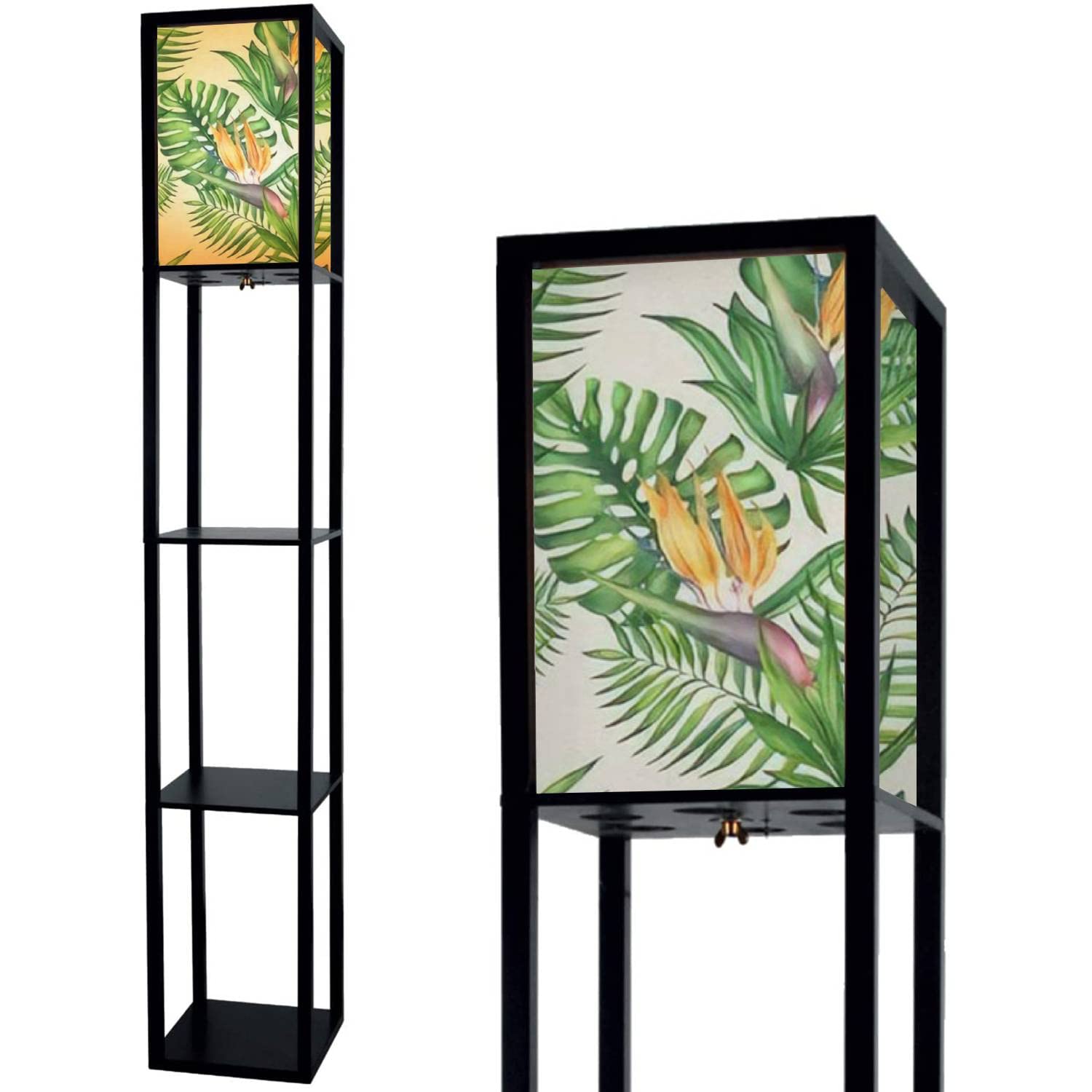 Exotic Tropical Watercolor Floor Lamp with Green Leaves & Bird of Paradise Design - Flaxen Fabric Shade Standing Lamp with Shelves - Tall Corner Lamp for Living Room, Bedroom, Office - Perfect for Reading Nook, Cozy Corner, or Aesthetic Home Decor