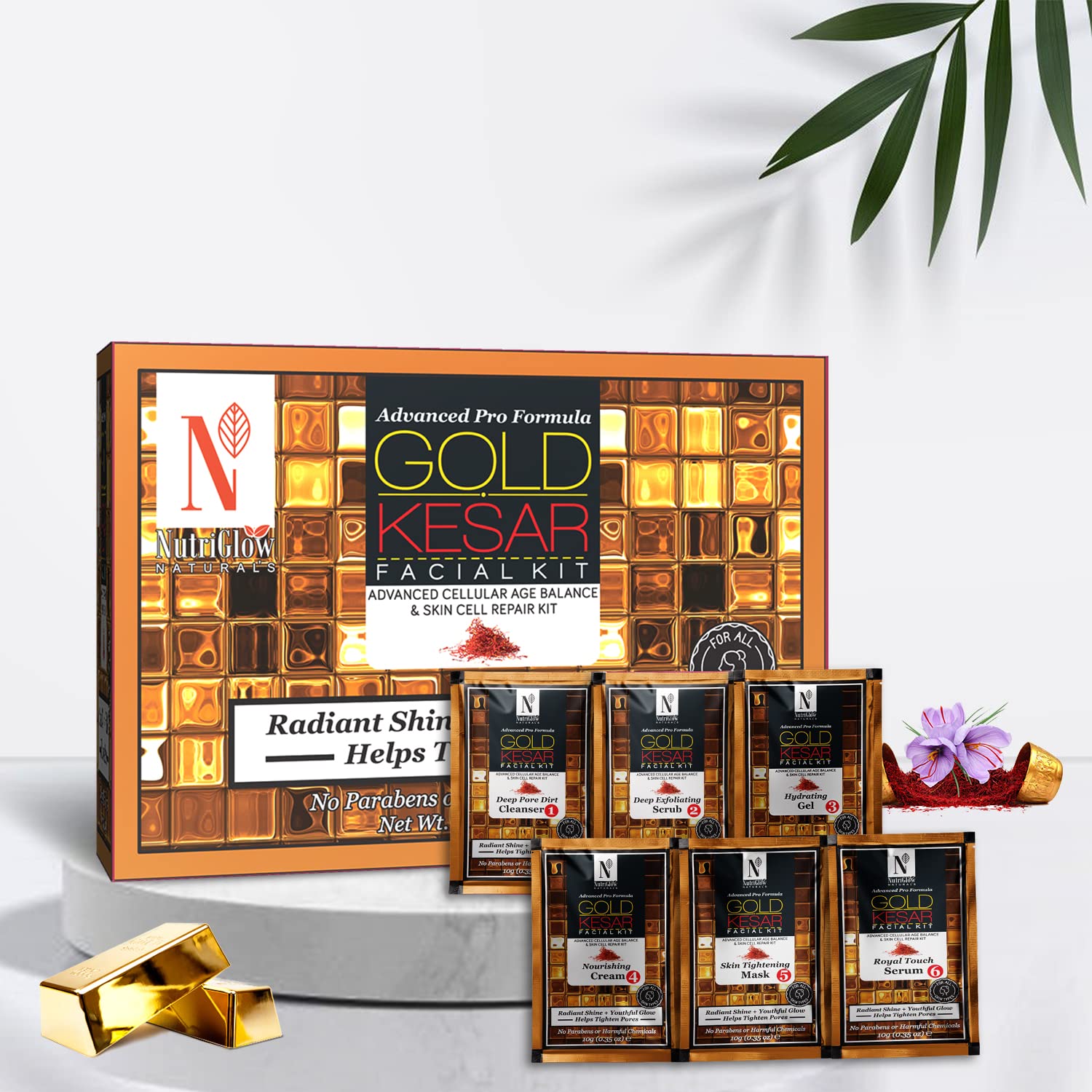 NutriGlow NATURAL'S Advanced Pro Formula Gold Kesar Facial Kit - 60gm Aloe Vera Face Gel, 100gm Gold Kesar Face Wash (65ml) - Tightens Pores, Reduces Wrinkles - 3-Piece Skincare Set for Glowing Skin - Perfect for Daily Cleansing & Anti-Aging Routine
