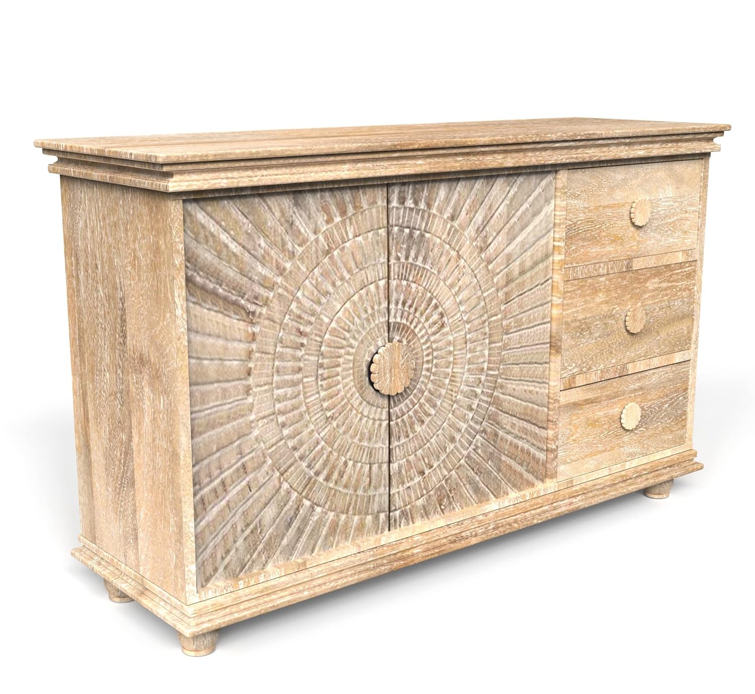 Handcrafted Corsica Sunburst Carved Solid Mango Wood Sideboard Cabinet - Farmhouse White Storage Chest for Dining Room & Living Room Decor