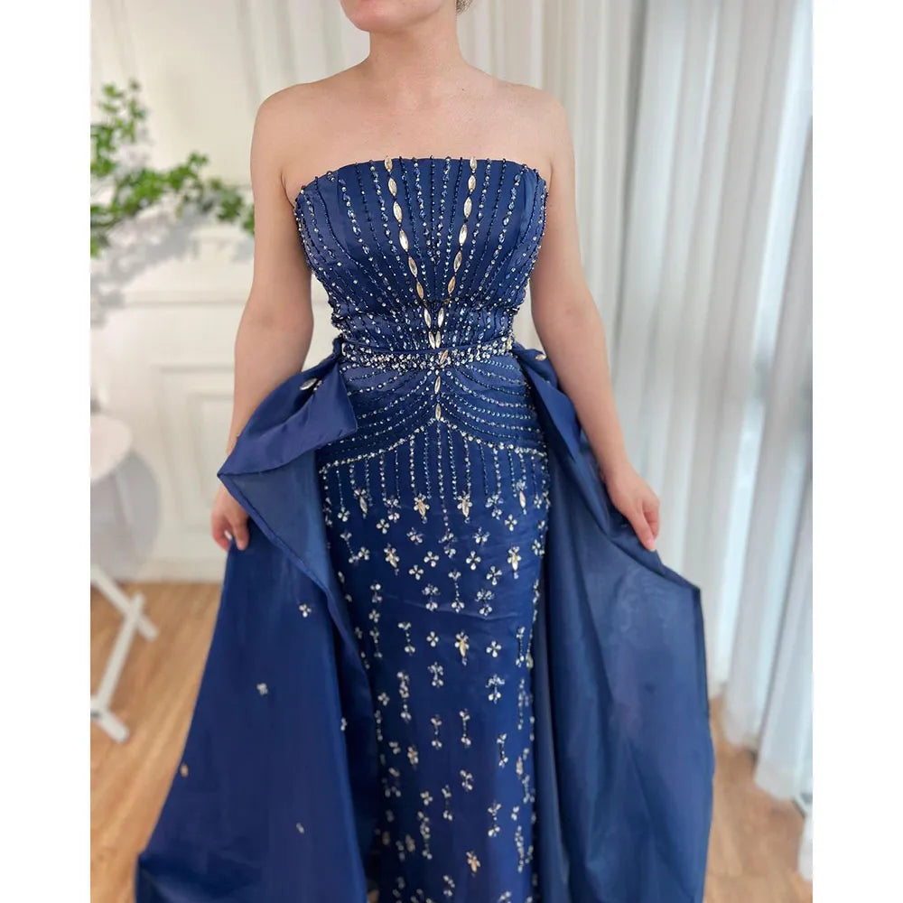 Elegant Blue Mermaid Evening Gown with Beaded Overskirt - Women's Formal Party Dress for Prom, Wedding & Special Occasions | Serene Hill LA72051