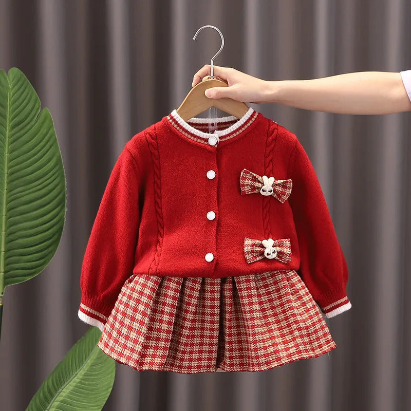 Adorable 2-Piece Christmas Outfit for Girls - Red Knit Sweater & Bunny Skirt Set (Ages 2-7Y) | Perfect for Holiday Parties & Family Photos