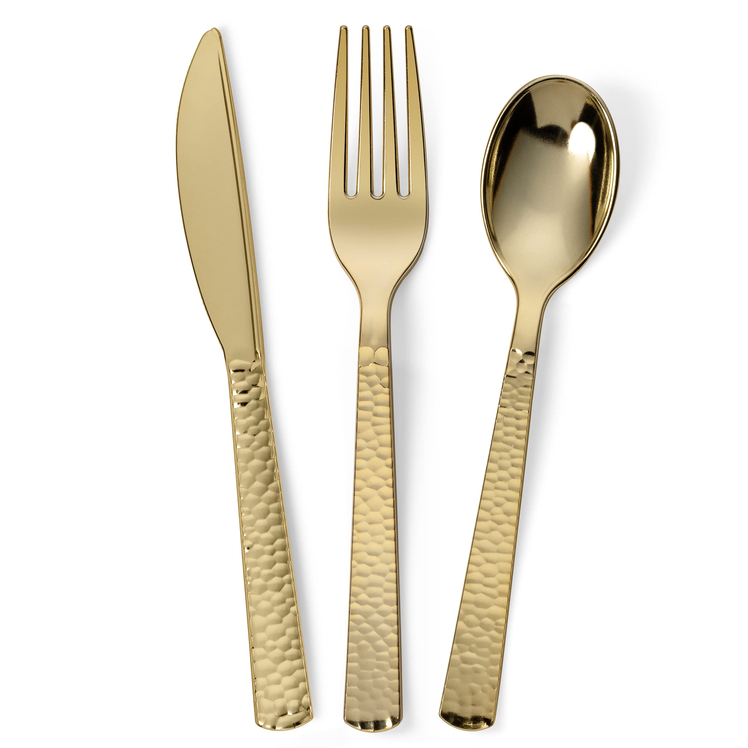Premium 150-Piece Gold Plastic Silverware Set - Heavy Duty Gold Plastic Cutlery with Hammered Pebbled Finish (50 Forks, 50 Knives, 50 Spoons) - Elegant Disposable Utensils for Parties, Weddings, and Events