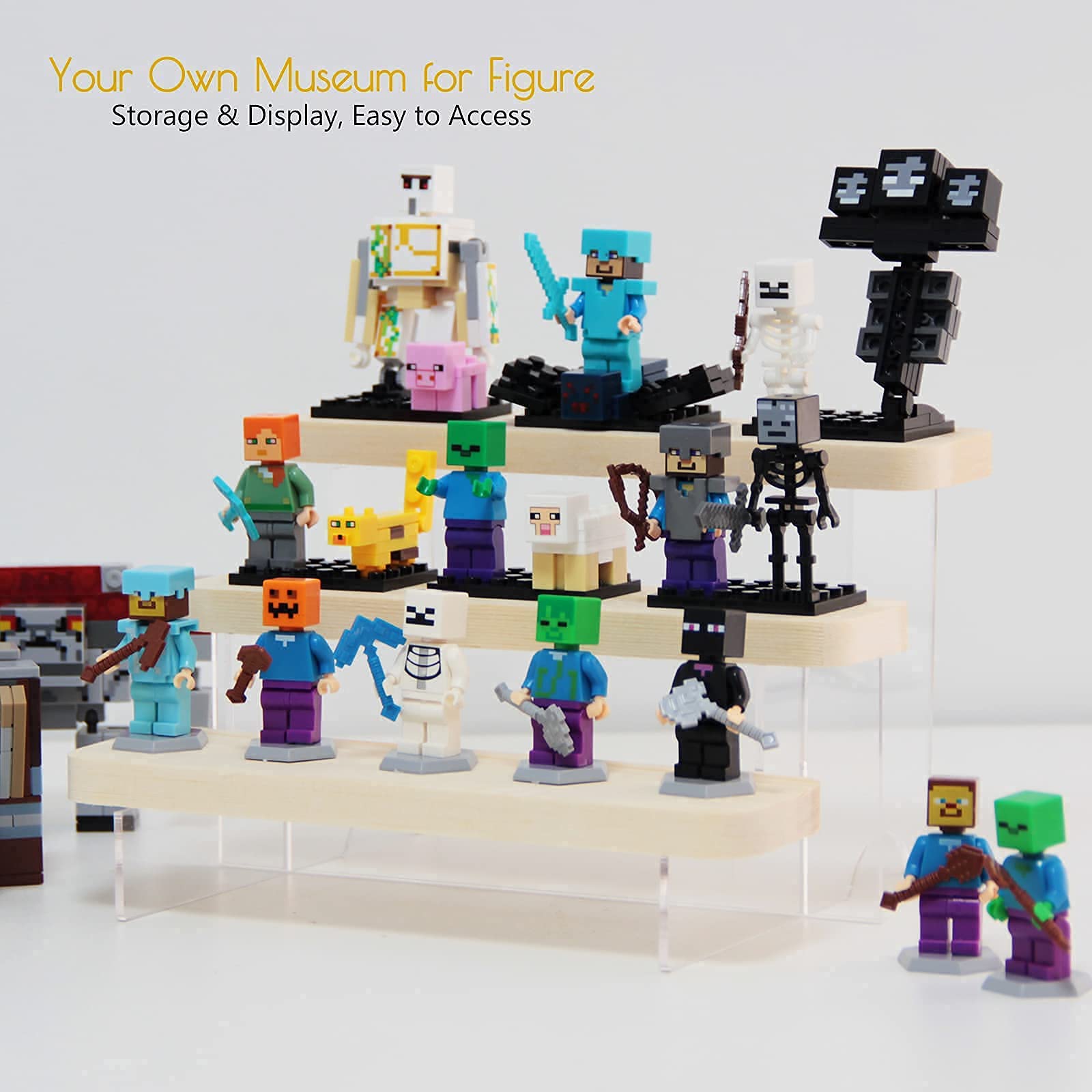 Acrylic Figure Display Stand & Wood Tiered Shelf Organizer for Collectibles - 3-Tier 7.87 Inch Riser - Perfect for Action Figures, Funko Pops, and Product Showcases in Retail Stores