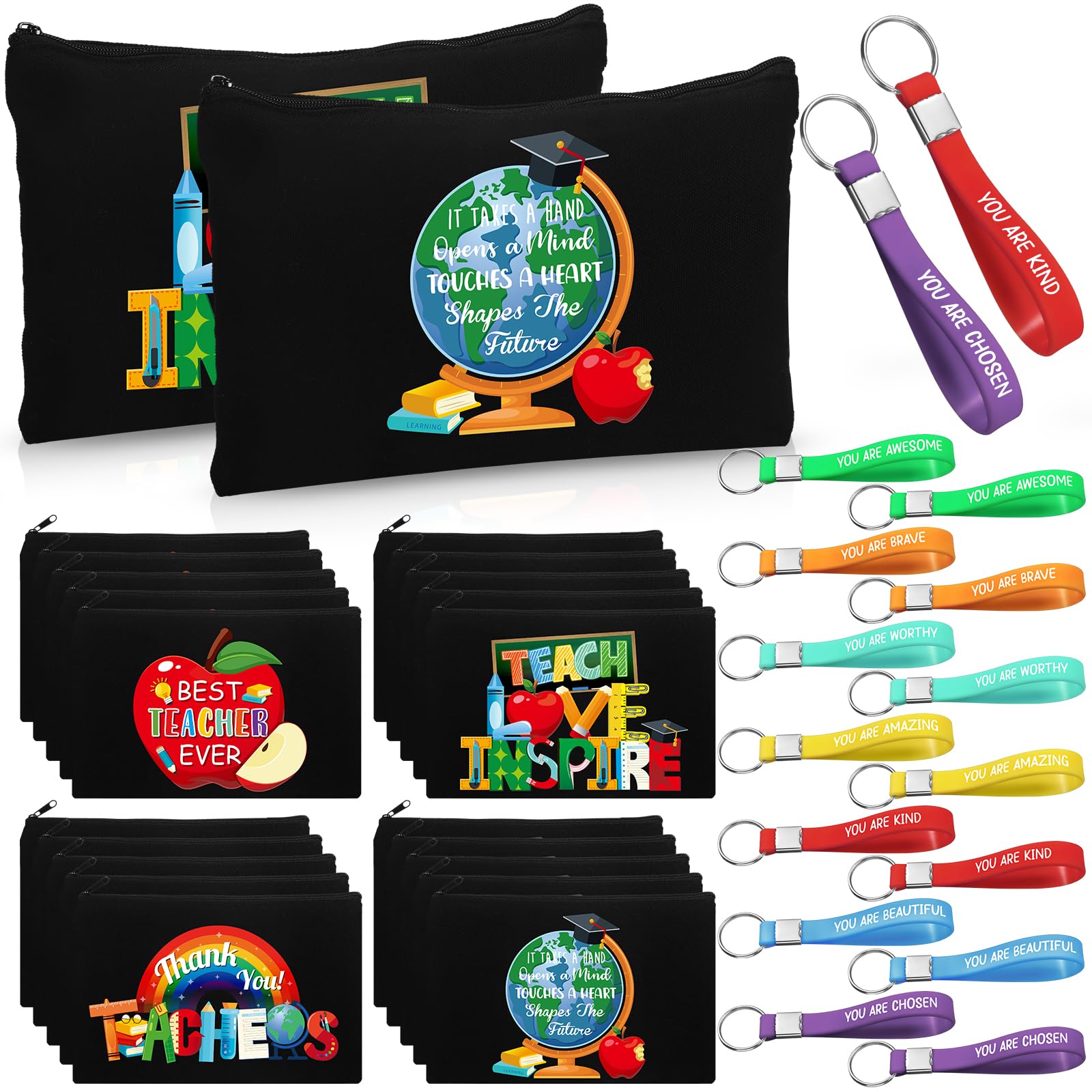 56 Pcs Teacher Appreciation Gift Set - 28 Inspirational Flax Cosmetic Bags & 28 Motivational Quote Keychains - Perfect for Teacher's Day, Graduation, Back to School - Bulk Thank You Gifts for Women Educators (Black) - Ideal for Classroom Rewards, Staff Recognition & Student Appreciation Events