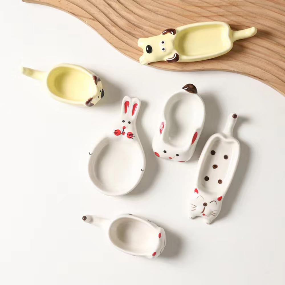 4-Piece Cartoon Sauce Dishes - Ceramic Chopstick Holder for Kitchen (White & Kitten) - Perfect for Sushi & Dumplings
