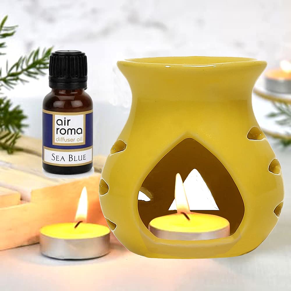 Premium Ceramic Aroma Diffuser Burner with 10ml Sea Blue Essential Oil & 2 Candles - Strong Long-Lasting Fragrance for Home Spa, Yoga & Relaxation