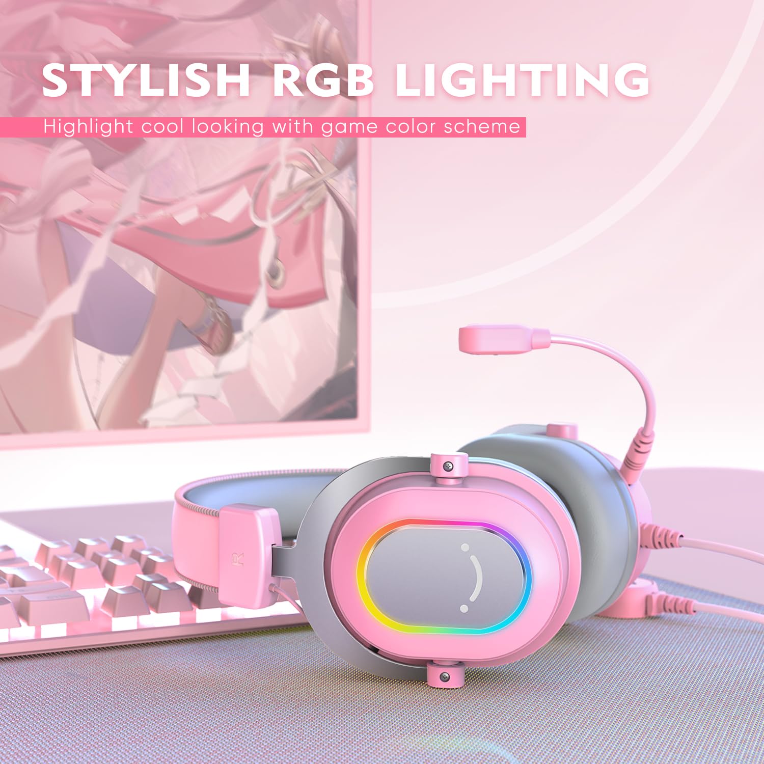 FIFINE PC Gaming Headset with Microphone - USB Wired 7.1 Surround Sound Headphones with RGB Lights & In-Line Controls for PS4/PS5, Streaming, Gaming, Video Calls - Over-Ear Design (Pink) | Perfect for Online Gaming, Live Streaming & Remote Work