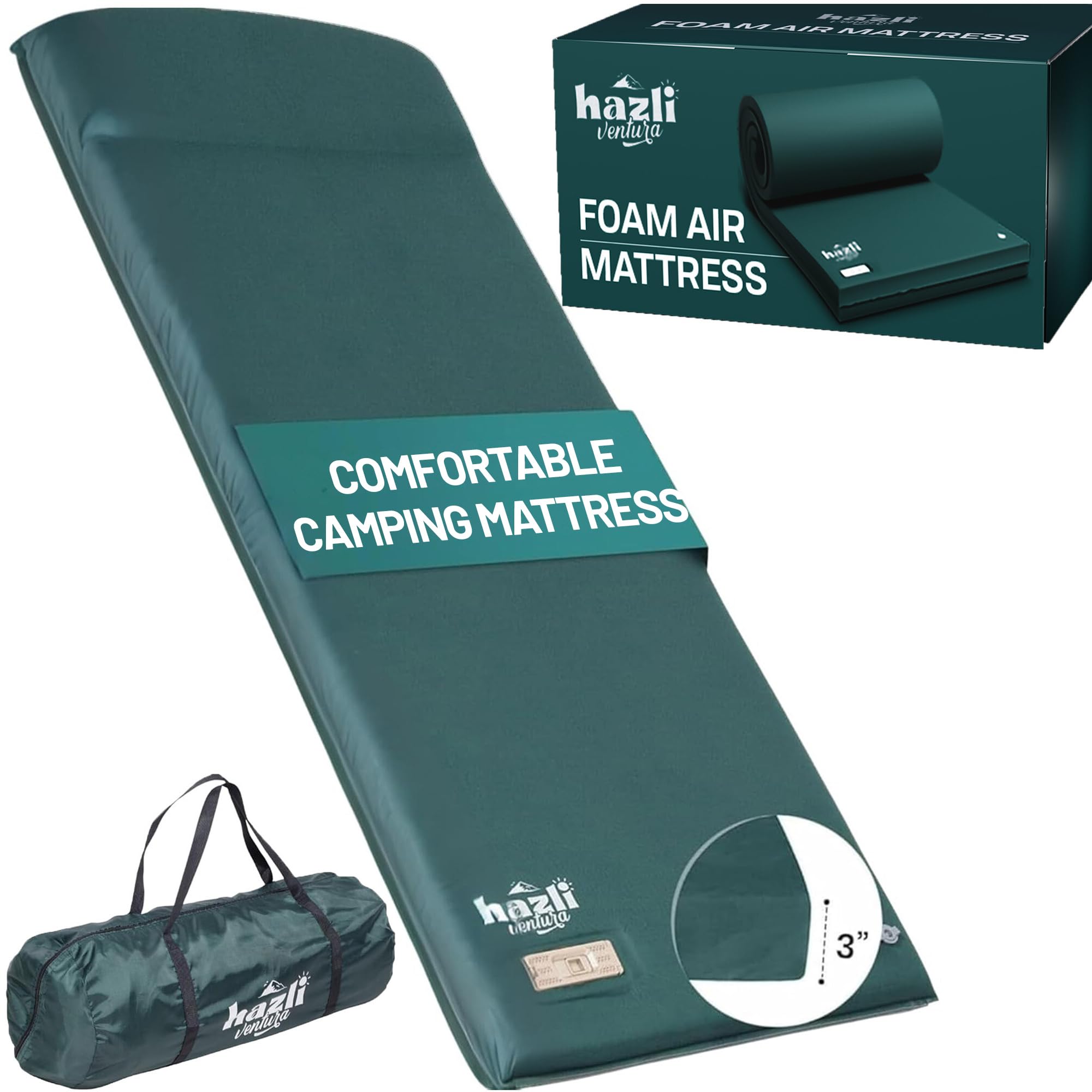Hazli ComfortMax Self-Inflating Foam Camping Mattress with Pillow & Pump - 75
