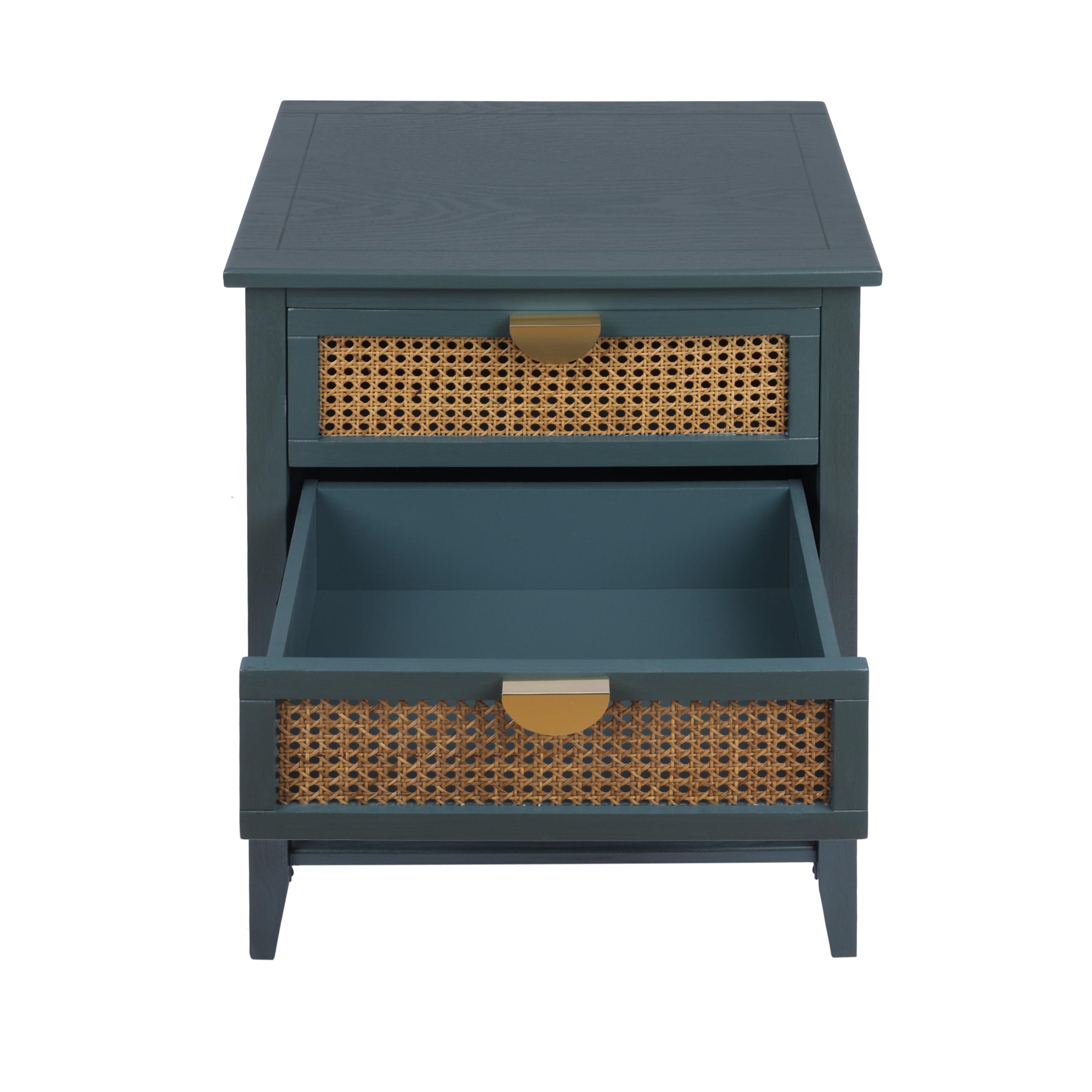 2 Drawer Rattan Side Table - Natural Woven End Table for Bedroom, Living Room, Study | Nightstand, Sofa Accent, Coffee Table Companion