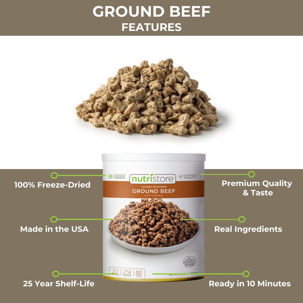 Nutristore Freeze Dried Ground Beef - 80 Large Servings (Pack of 4) | USDA Certified Premium Quality | Long Shelf Life Survival Food | Perfect for Camping, Hiking & Emergency Preparedness | Great for Backpacking Meals & Food Storage