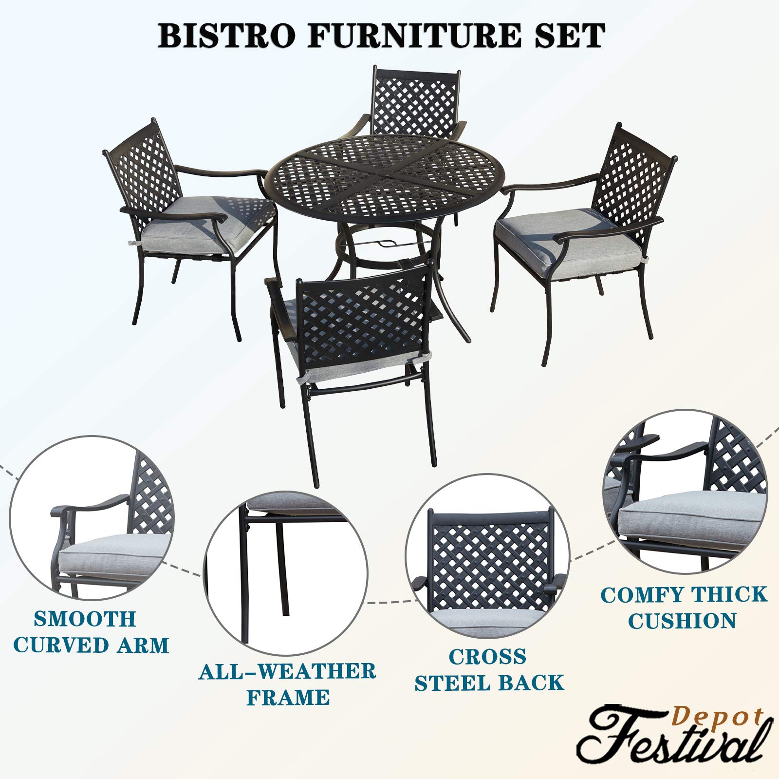 5-Piece Outdoor Patio Dining Set with Metal Chairs & Cushions, Round Iron Table with Umbrella Hole - All-Weather Garden Furniture for Deck, Backyard, Poolside (Grey) | Perfect for BBQs, Family Gatherings & Summer Entertaining