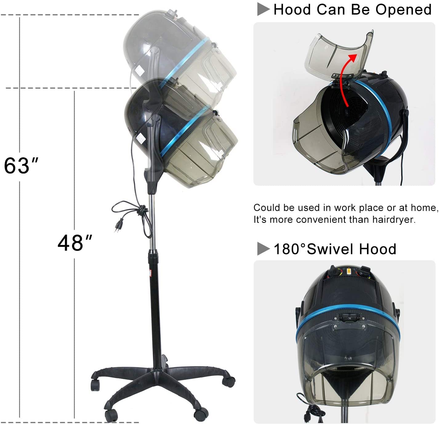 1300W Adjustable Hooded Hair Dryer with Rolling Wheels - Professional Salon Bonnet Dryer for Home Spa & Beauty Treatments | Black | Perfect for Hair Styling, Deep Conditioning & At-Home Hair Care