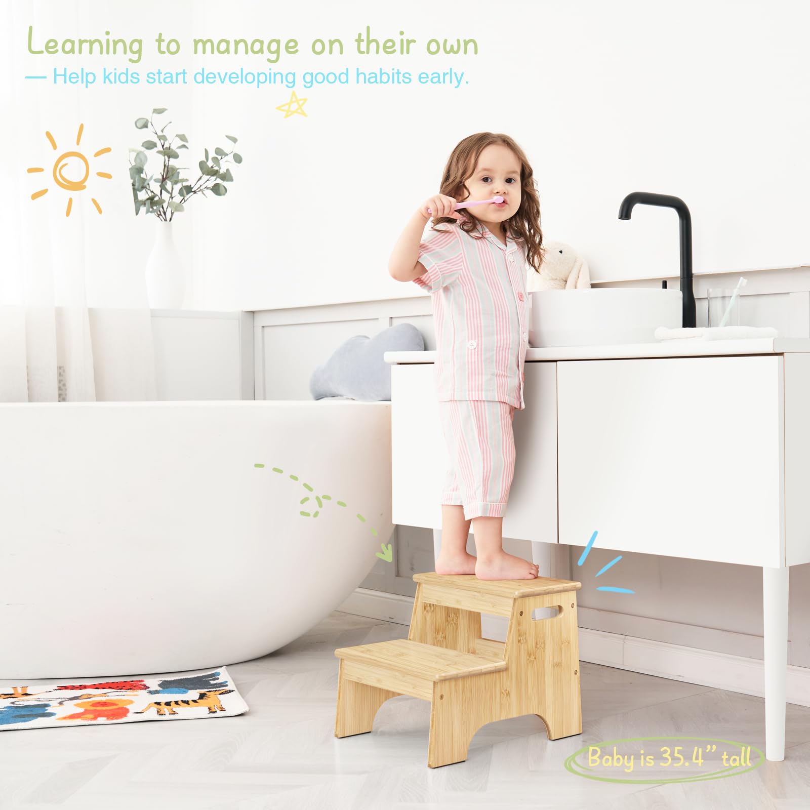 Forbena 2-Step Wooden Bathroom Step Stool for Toddlers & Kids - Non-Slip Bamboo Stool for Sink, Kitchen Counter & Potty Training - Heavy Duty Children's Step Stool with Handles for Safety | Perfect for Bathroom, Kitchen & Toilet Use