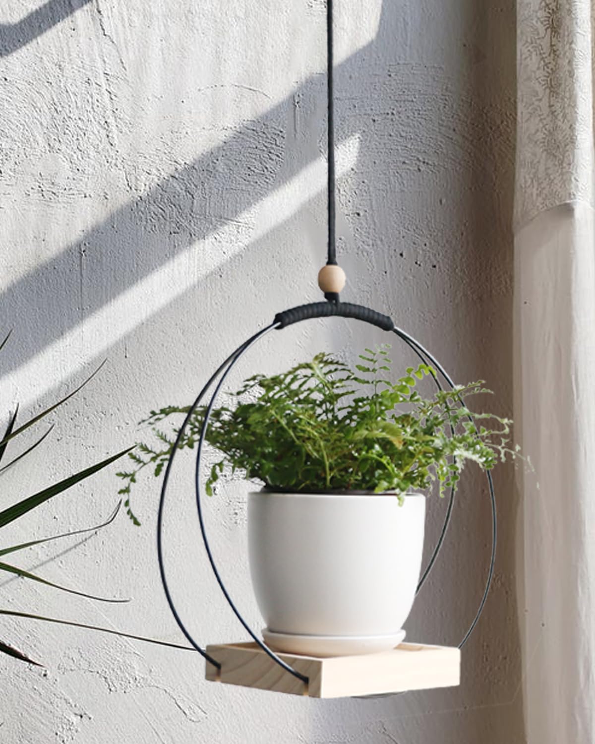 2 Pack Modern Macrame Hanging Planter Shelf with Wood Base - Indoor Outdoor Wall Ceiling Window Flower Pot Holder - Boho Home Décor for Living Room, Bedroom, Balcony - Black (Planter/Plants Not Included)