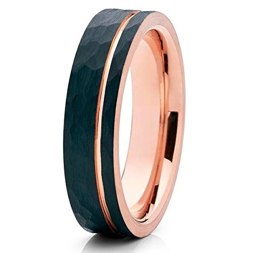 Rose Gold Tungsten Wedding Band for Men & Women - Black Tungsten Ring with 18K Rose Gold Plating - Hammered Comfort Fit Wedding Ring - Perfect for Anniversaries, Engagements & Everyday Wear
