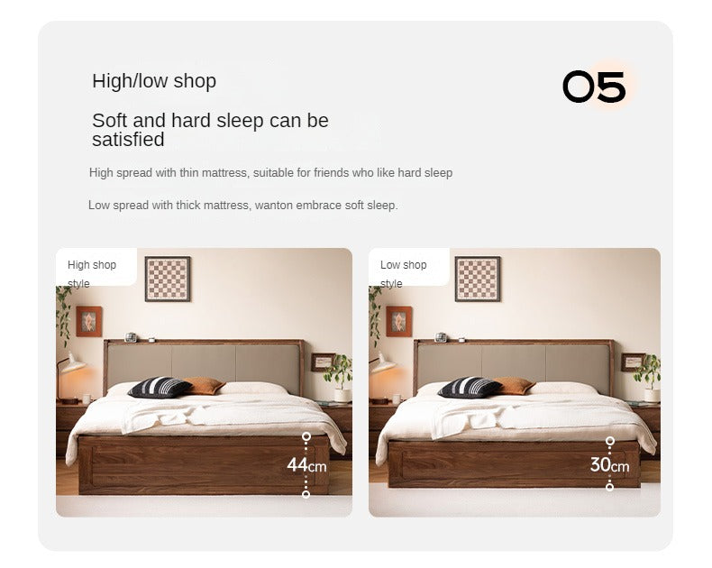 Solid Black Walnut Wood Leather-Upholstered Drawer Box Bed - Nordic Style Platform Bed with Storage for Modern Bedroom