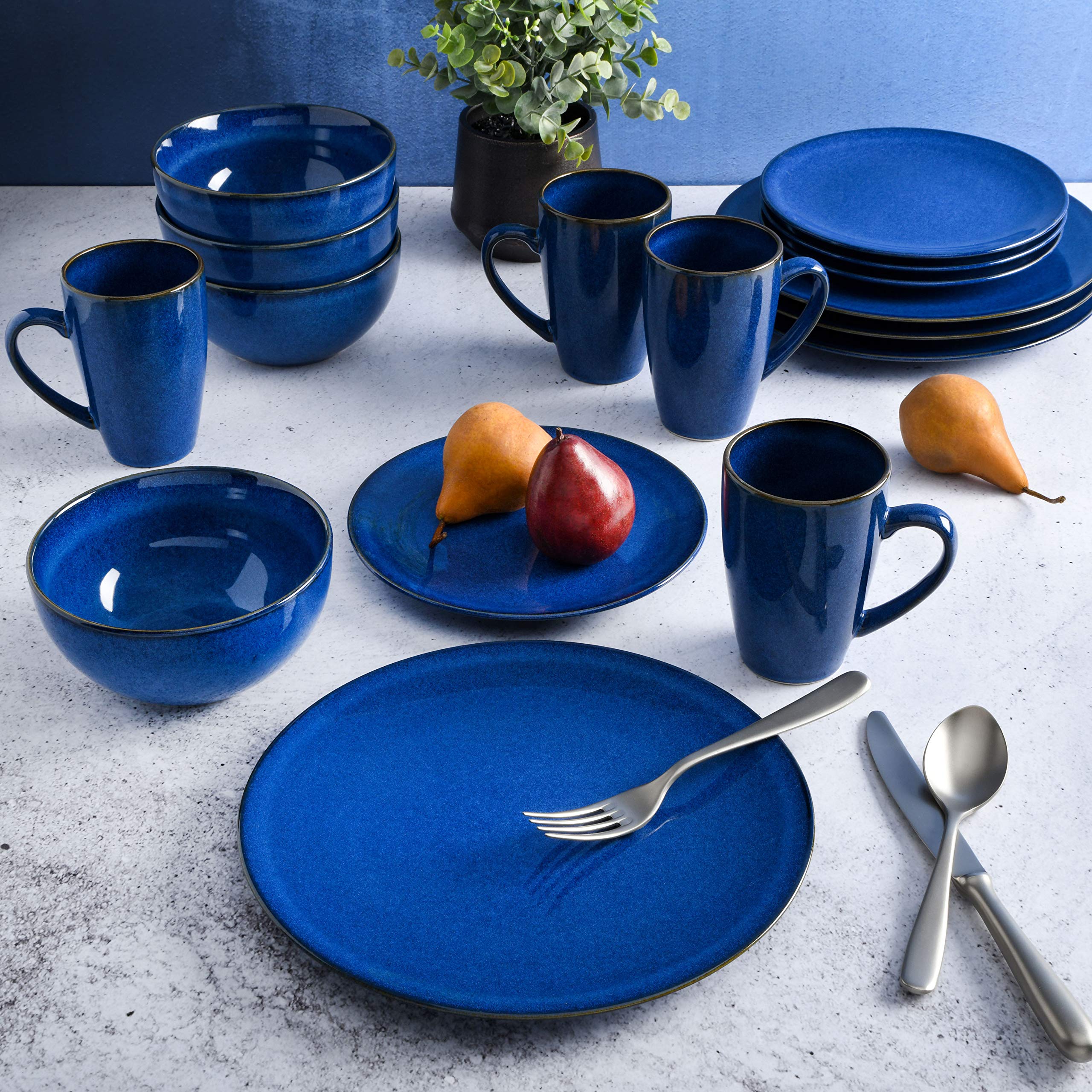 **Gibson Elite Lisbon Reactive Dinnerware Set - Cobalt Blue, 16-Piece Set for 4, Durable Stoneware Plates, Bowls & Mugs - Perfect for Everyday Dining, Dinner Parties & Gift Giving**