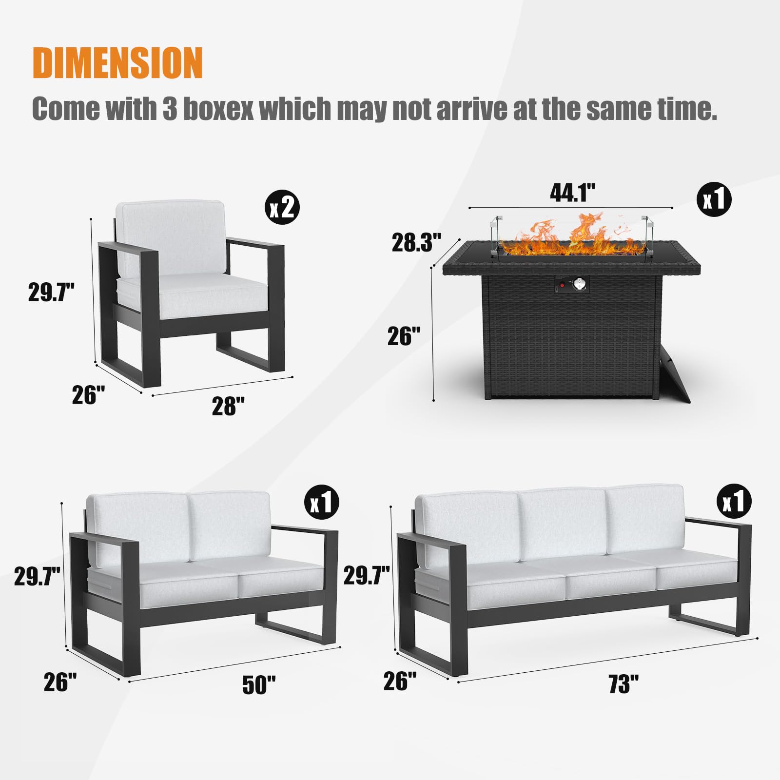 5-Piece Modern Aluminum Patio Furniture Set with Fire Pit Table - Outdoor Sectional Conversation Set with Olefin Cushions - Perfect for Backyard, Garden, Poolside & Patio Relaxation