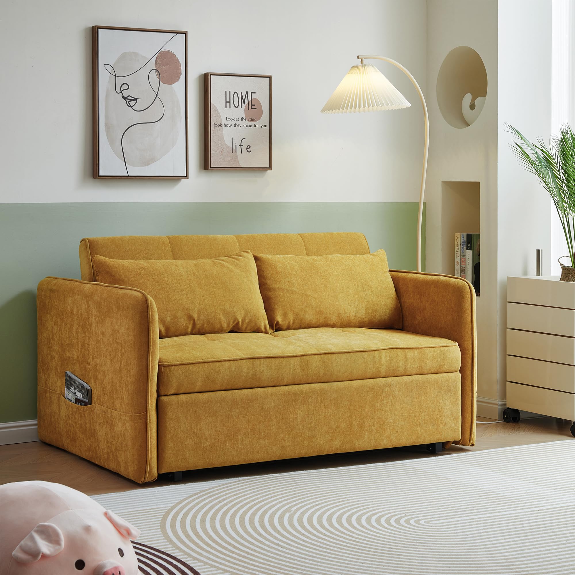 JULYFOX Yellow Pull Out Sofa Sleeper Bed - 53.5 Inch Wide Loveseat Couch with Armrest & 2 Throw Pillows - Heavy Duty Space Saving Design for Small Apartments, Dorms & Guest Rooms - Perfect for Living Rooms, Studios & Home Offices