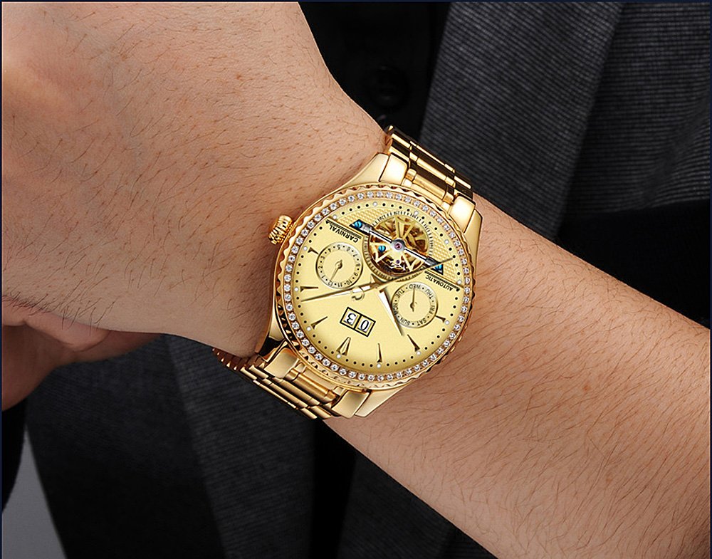 Luxury PASOY Men's Automatic Mechanical Tourbillon Watch - Stainless Steel Case, Blue Dial with Date & Diamond Markers (Gold) - Perfect for Business, Formal Events & Gift Giving