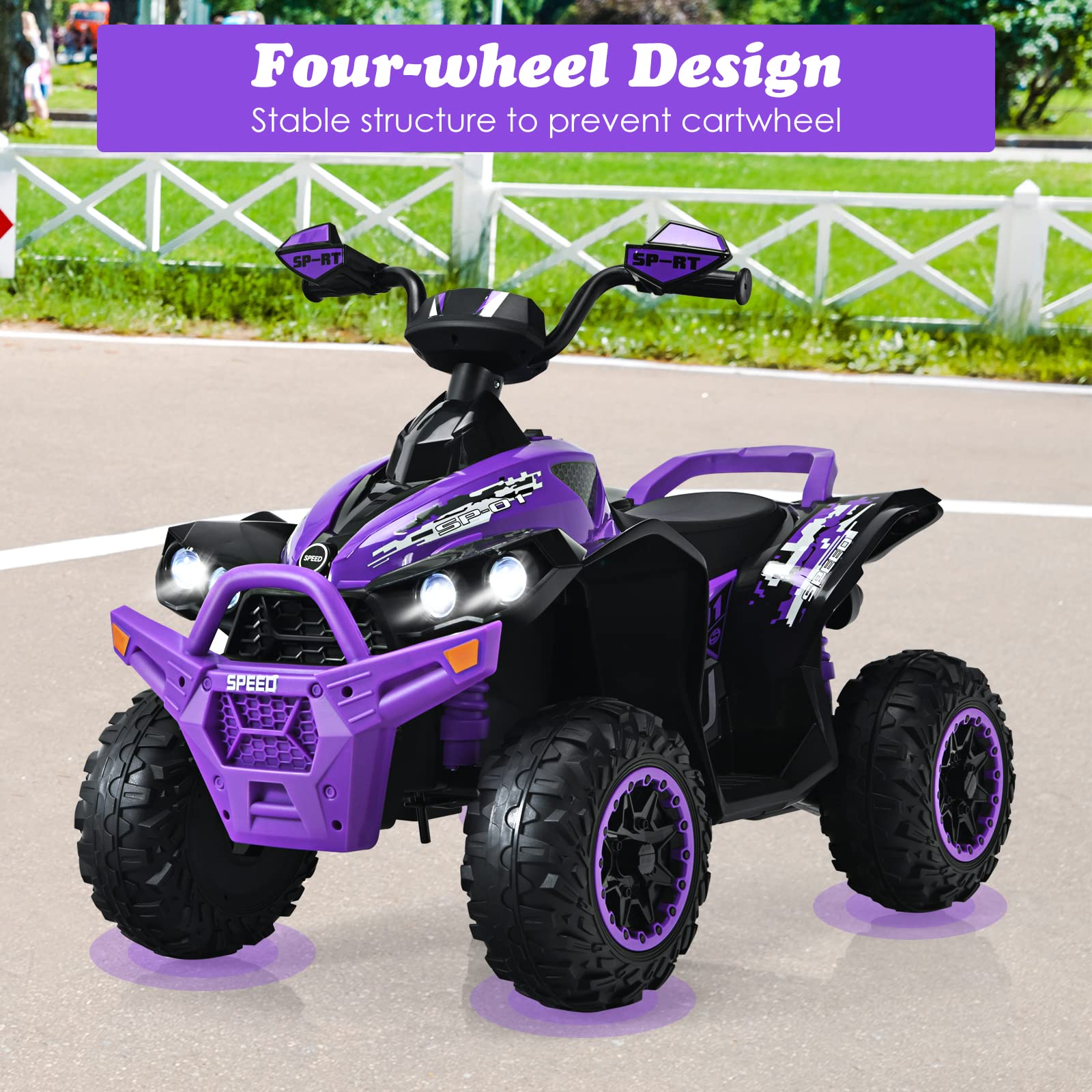 OLAKIDS 12V Kids Ride On ATV - Electric Battery Powered 4 Wheeler Toy Car for Toddlers & Children with LED Lights, Music, Horn - High & Low Speed, Soft Start - Purple Quad Vehicle for Boys & Girls | Outdoor Play, Birthday Gift, Backyard Fun