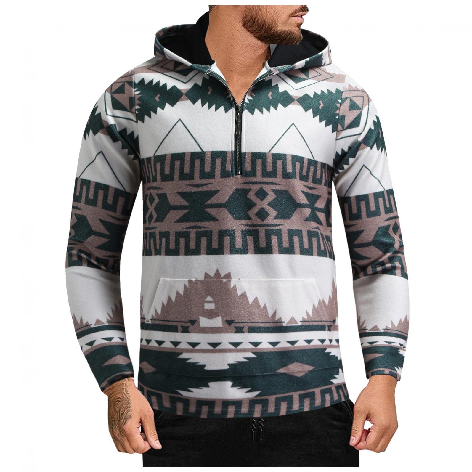 NOLDARES Men's Aztec Geometric Print Fuzzy Pullover Sweater - Long Sleeve Turtleneck Hoodie with 1/4 Button Closure | Warm Winter Casual Wear for Outdoor Activities & Cozy Home Relaxation
